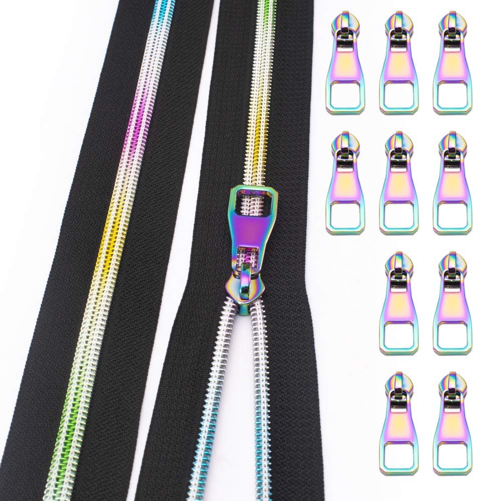 #5 Rainbow Teeth Nylon Zippers by The Yard - 5 Yards Black Zipper Tape with 10PCS Pulls for Sewing, Tailoring & DIY Crafts | Perfect for Jackets, Bags, Costumes and Home Decor Projects