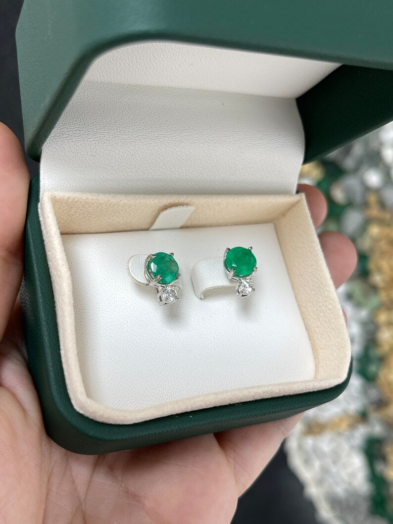 3.50tcw 14K White Gold Round Cut Emerald & Diamond Stud Earrings – Rich Green Gemstone Jewelry for Women, Perfect for Weddings, Parties & Special Occasions