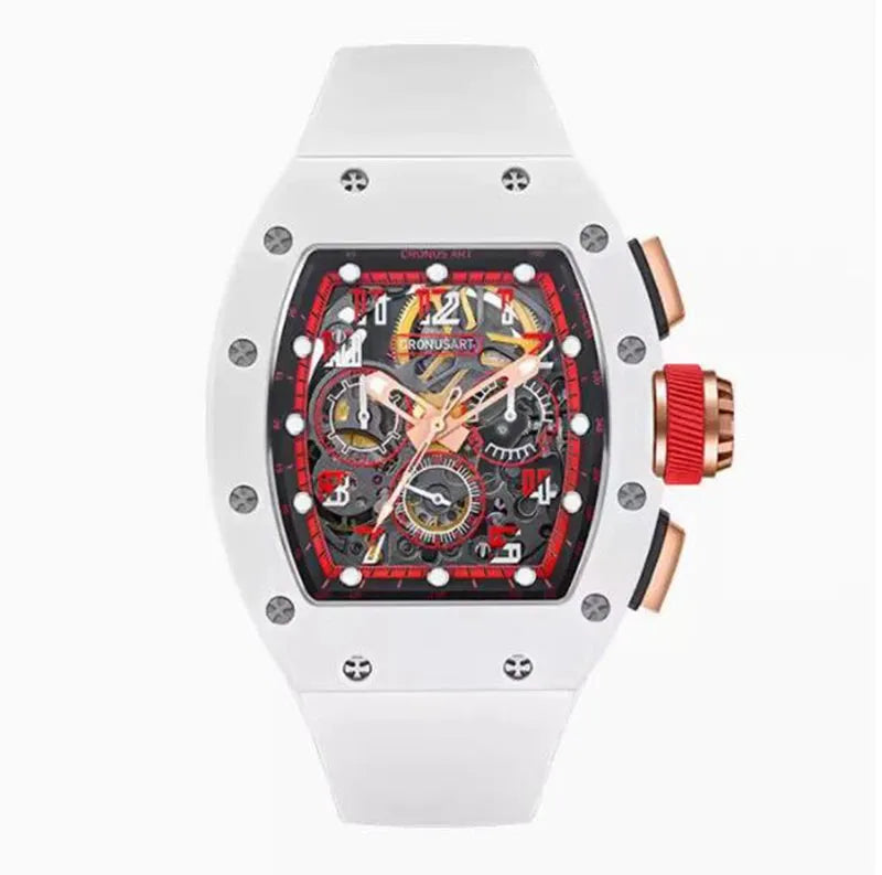 CRONUSART Men's Automatic Chronograph Watch 50mm Tonneau Case, Luminous Sapphire Crystal, Fluororubber Strap, Triple Calendar Windows – Perfect for Business, Casual & Outdoor Activities