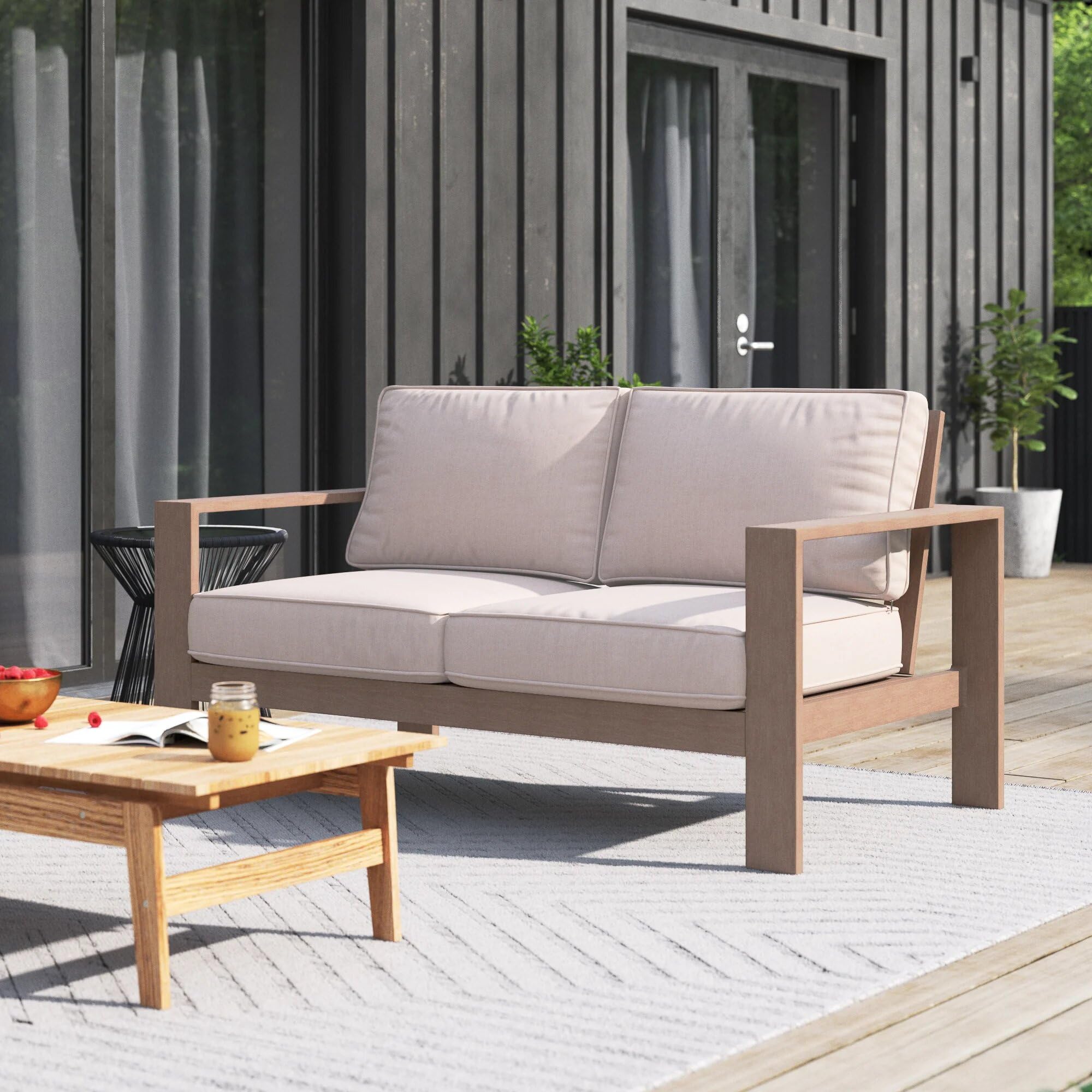 MARATIVA Premium Outdoor Patio Loveseat - Modern Patio Furniture with Durable UV-Resistant Olefin Fabric Cushions - Waterproof & Weatherproof for Lawn, Garden, Backyard & Poolside - Taupe Wood Grain Design