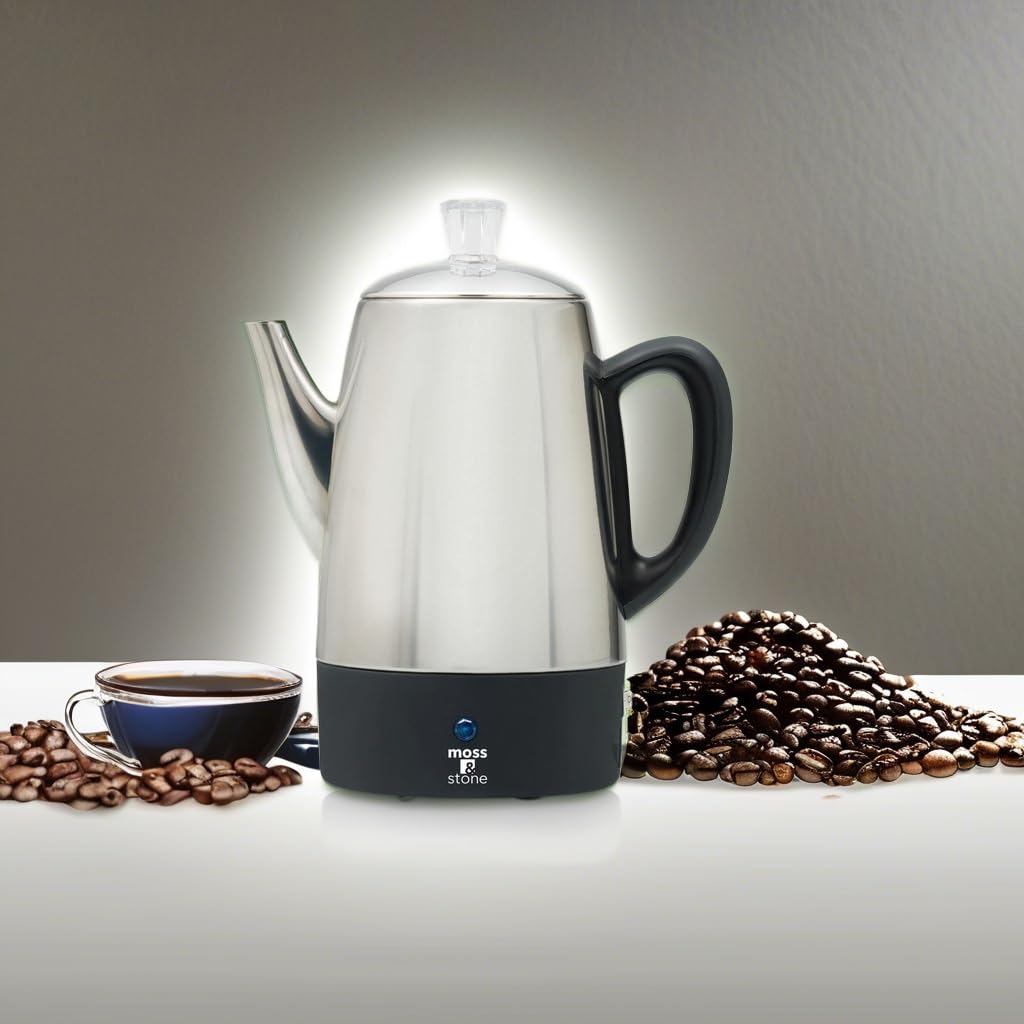 Electric 10-Cup Stainless Steel Coffee Percolator with Keep Warm Function & Removable Basket - Perfect for Home, Office, and Camping Use
