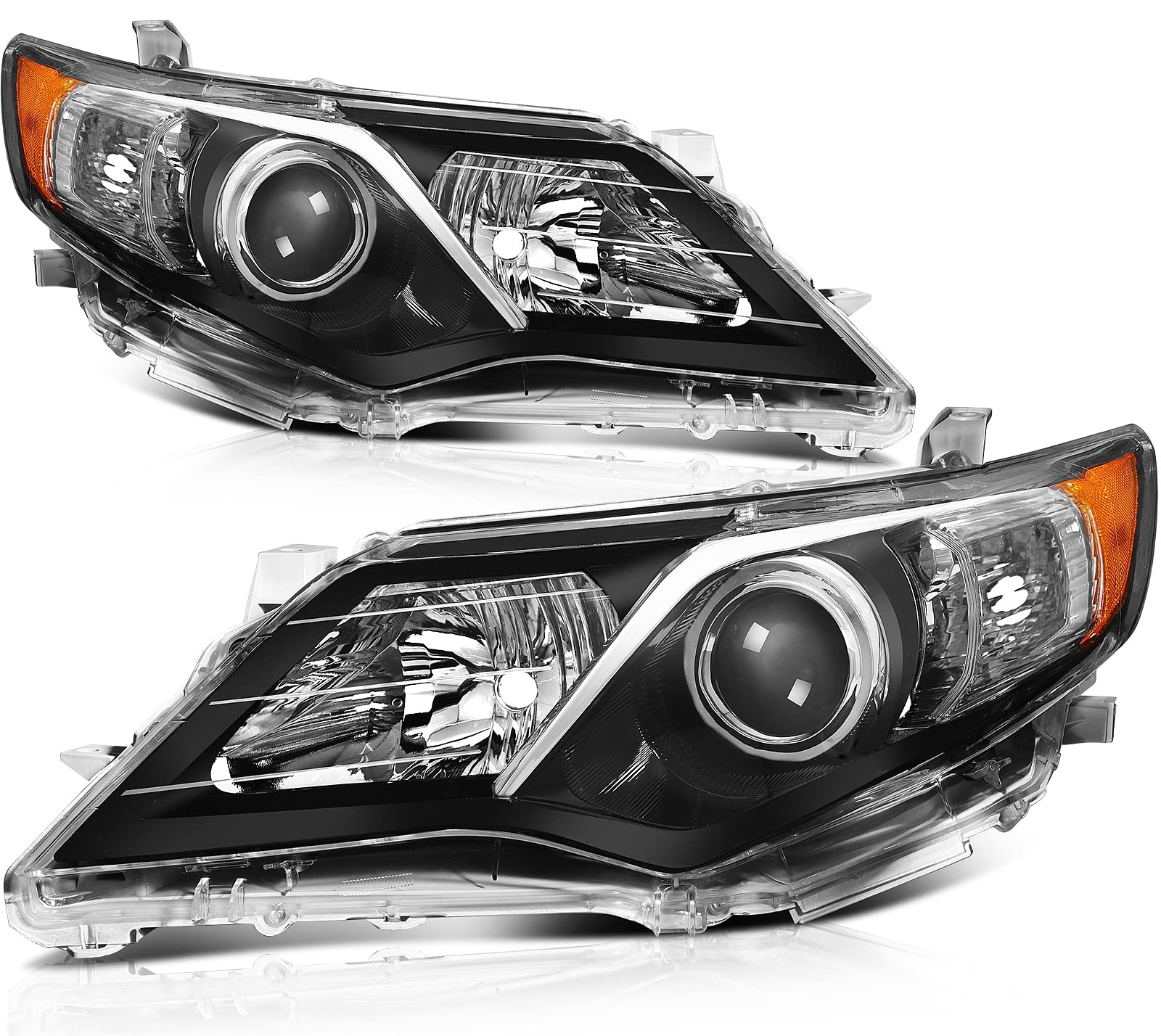 2012-2014 Toyota Camry Headlight Assembly - Black Housing with Amber Reflector & Clear Lens Replacement Headlamps | Perfect for Night Driving, Foggy Conditions & Vehicle Restoration