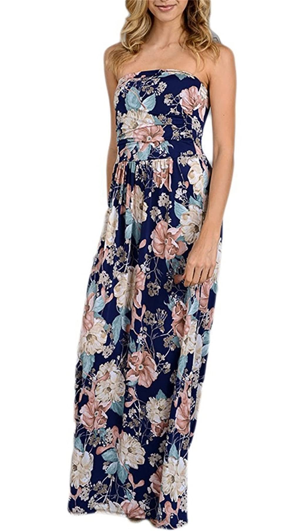 PRIMODA Women's Strapless Tube Top Maxi Dress - Floral Boho Beach Dress with Pockets | Summer Vacation, Pool Party, Date Night Outfit