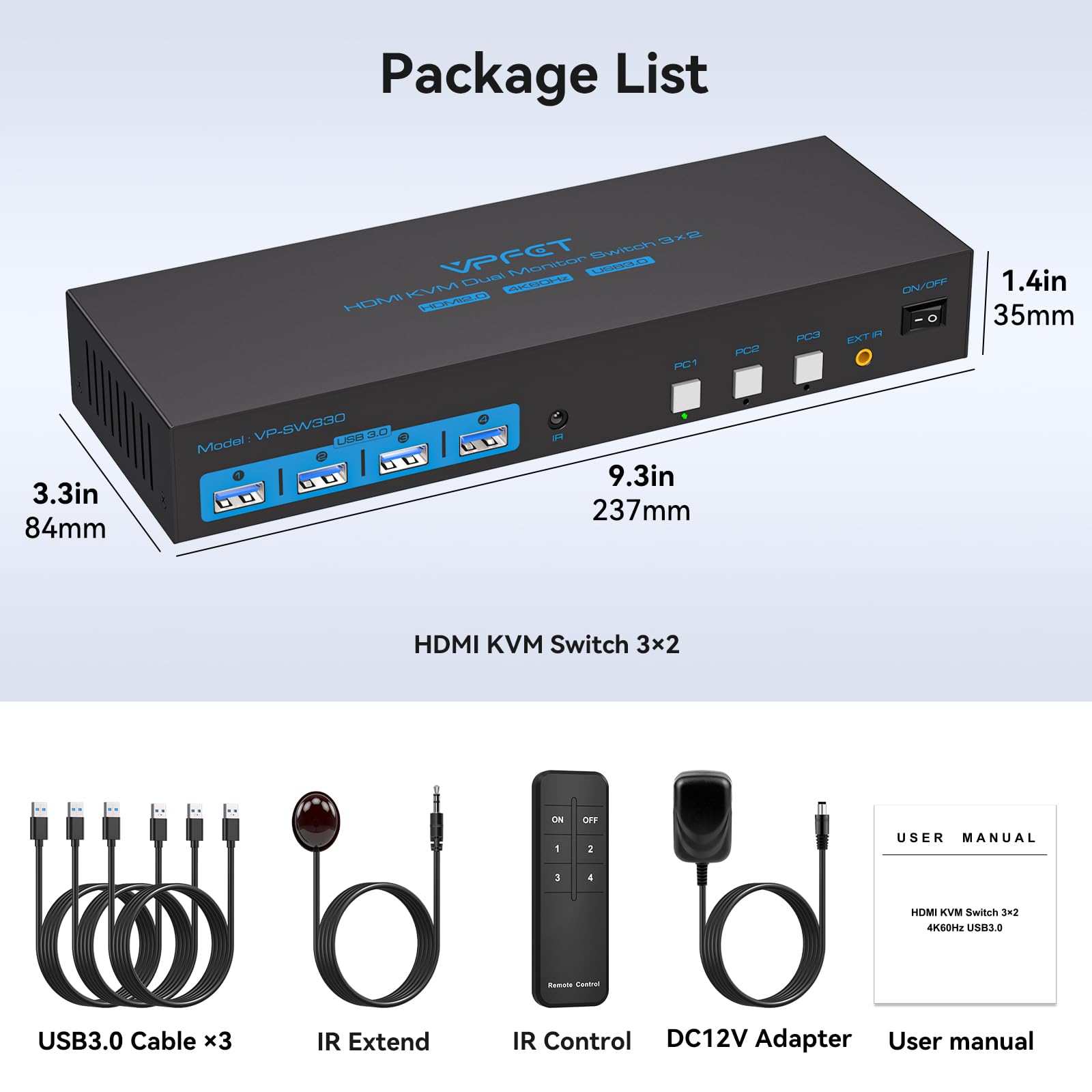 CMSTEDCD 4K60Hz USB 3.0 HDMI KVM Switch - 3 Computers 2 Monitors Sharing with 4 USB Ports & EDID Emulation - Includes 3 USB Cables for Gaming, Office & Home Workstations (Perfect for Multi-PC Setup, Video Editing & Esports)
