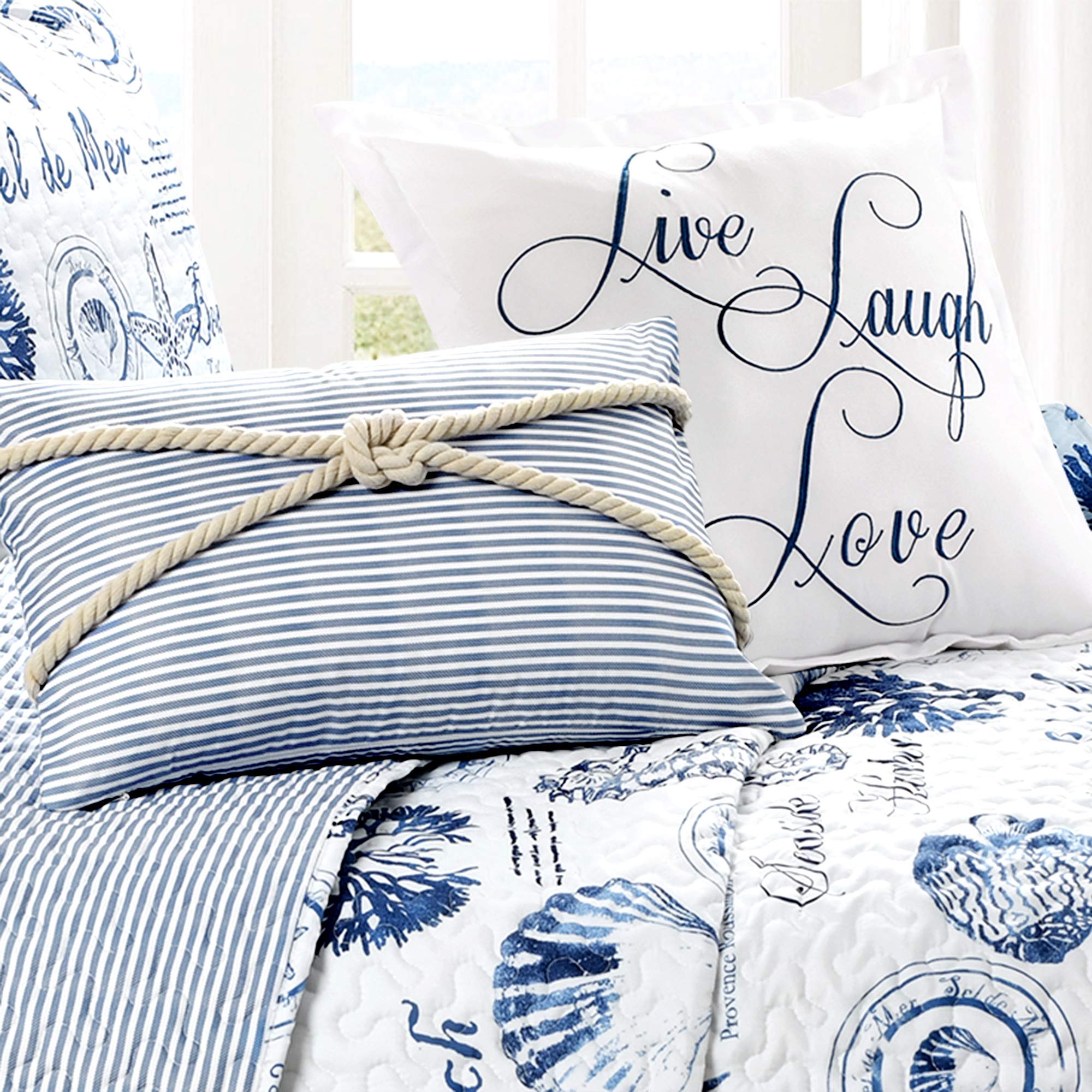 Lush Decor Harbor Life Reversible 7-Piece King Quilt Set - Indigo Striped Nautical Design with Sea Life Print | Coastal Bedroom Decor for Beach Houses, Guest Rooms & Vacation Homes