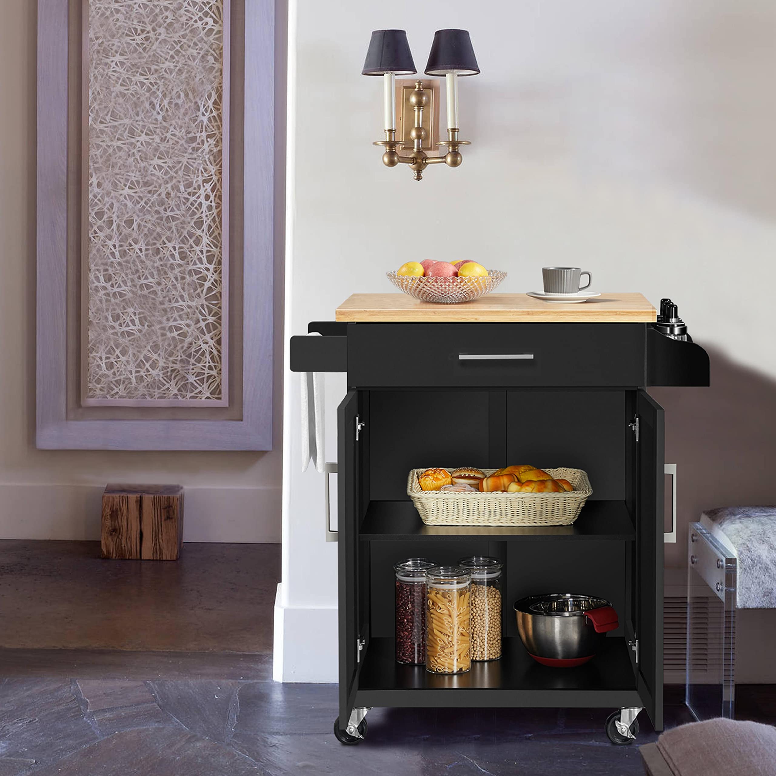 Topeakmart 26x18x36 Inches Kitchen Island Cart on Wheels with Storage Cabinet, Drawer, Spice Rack & Towel Bar - Mobile Kitchen Trolley for Dining Room, Small Space & Apartment Cooking - Black