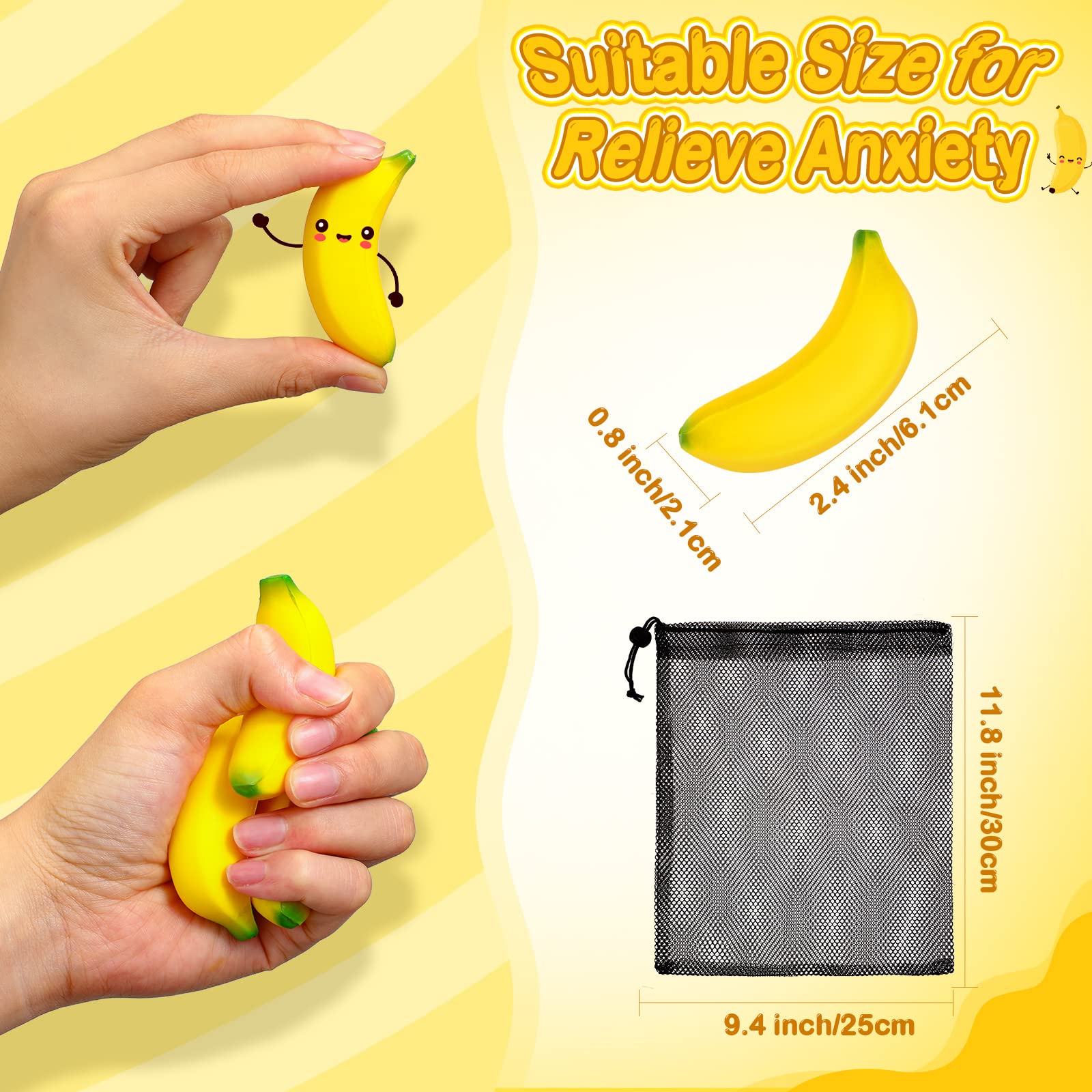 50 Pcs Mini Banana Stress Balls - Stretchy Foam Fidget Toys for Anxiety Relief & Stress Management - Fun Party Favors, School Carnival Rewards & Office Desk Toys - Includes Storage Bag for Easy Organization