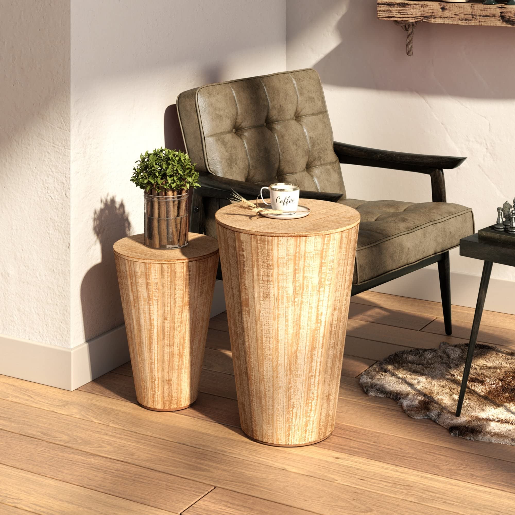 COZAYH Round End Table Set of 2 - Farmhouse Nesting Side Tables with Rustic Barrel Design & Space-Saving Storage, Removable Lid - Distressed Natural Finish for Living Room, Bedroom, Dining Room | Perfect for Small Spaces, Coffee Table Alternative & Home Decor Accent