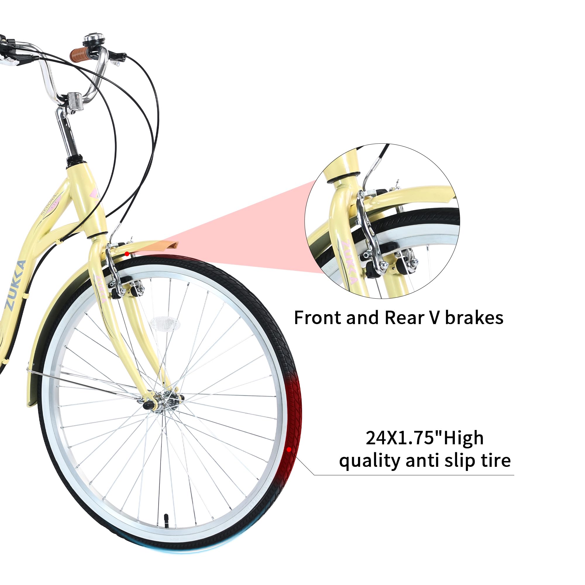 24 Inch 7-Speed Women's Beach Cruiser Bike - Comfortable Commuting Bicycle for Adults with Dual V-Brakes & Adjustable Seat - Perfect for Coastal Rides, City Commuting & Leisure Cycling