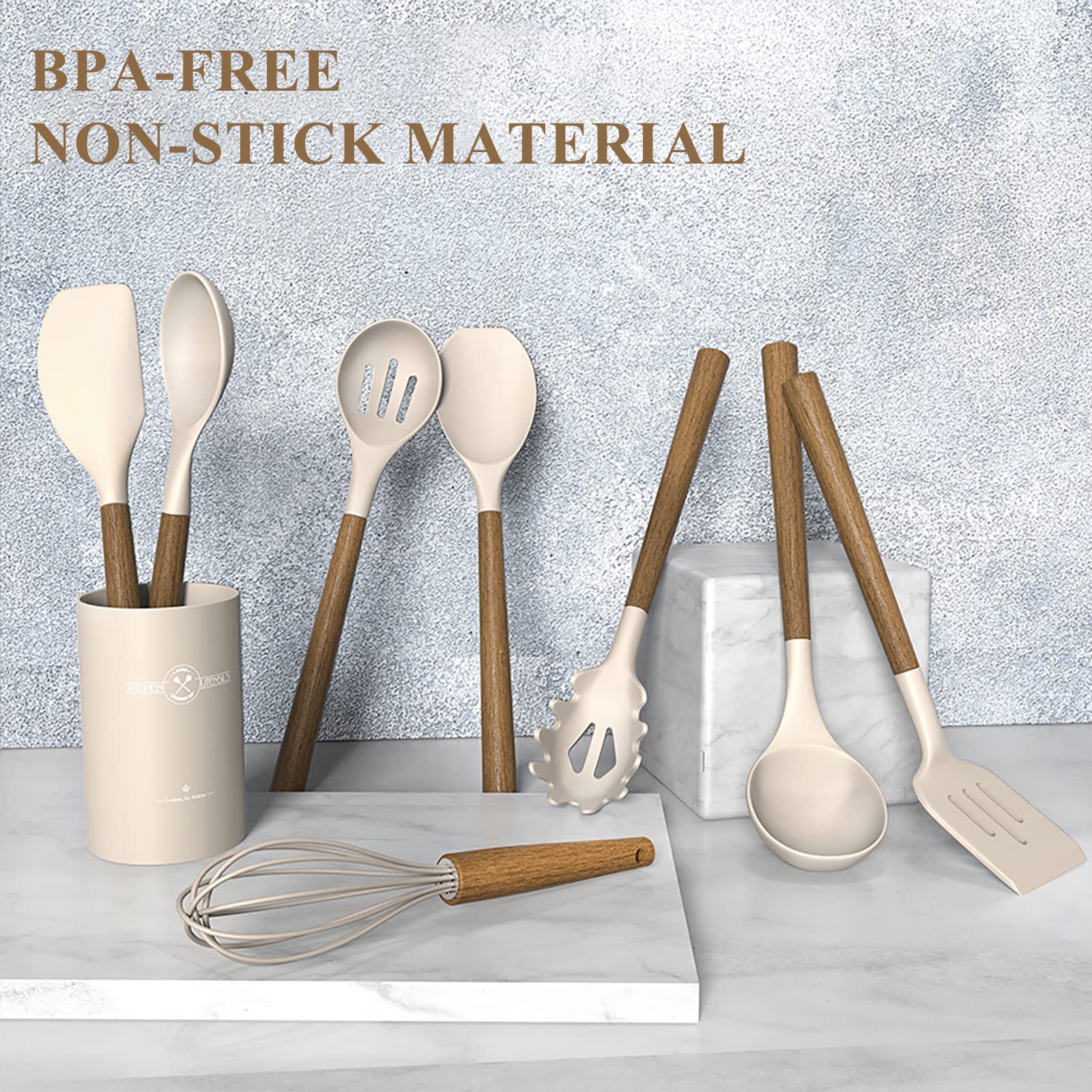 9Pcs Silicone Kitchen Utensil Set with Wooden Handle - Heat Resistant for Nonstick Cookware - Perfect for Baking & Cooking