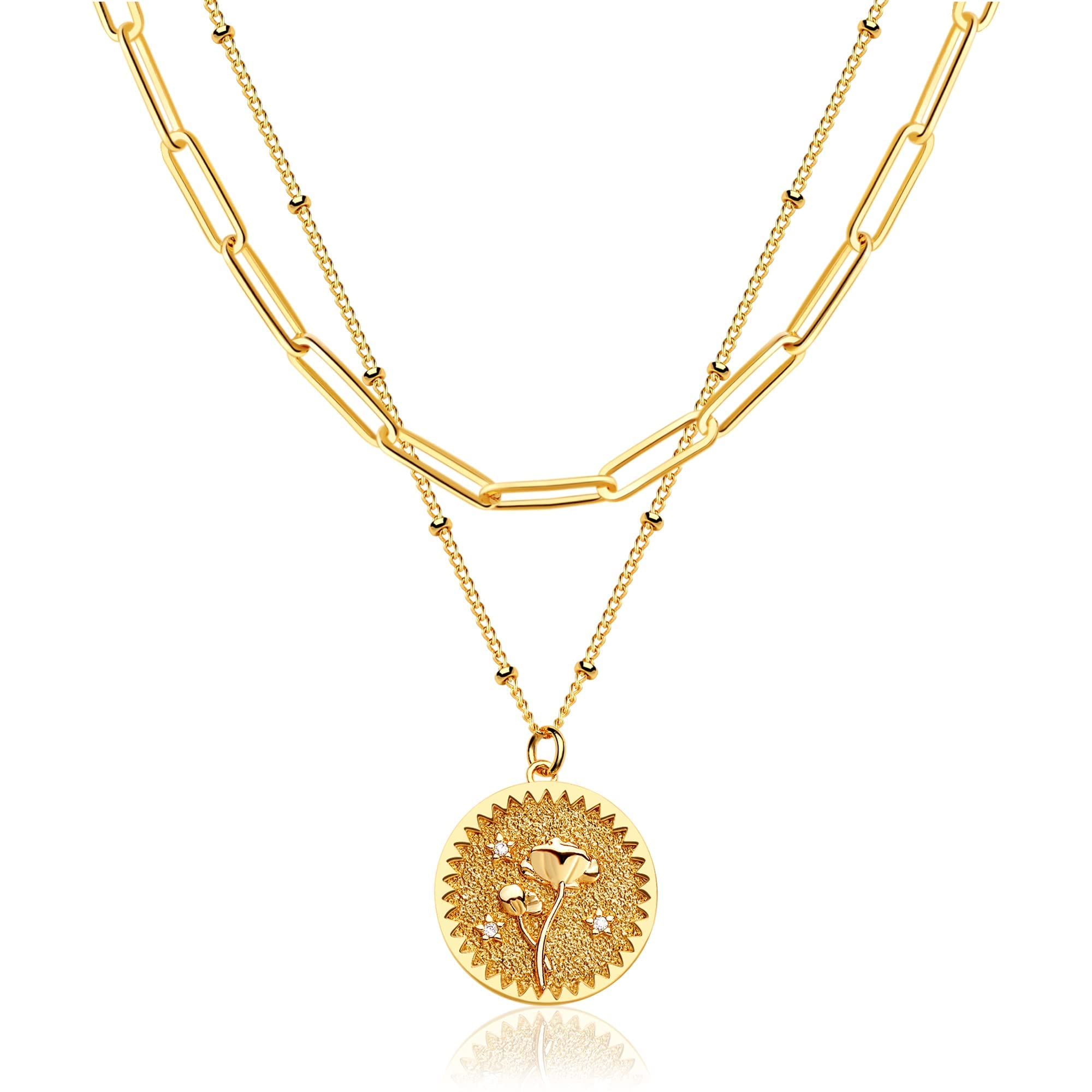 18K Gold Plated Custom Birth Flower Necklace for Women - Personalized Double Layered Engraved Floral Pendant with Dainty Birth Month Flower Disc - Perfect Gift for Mother's Day, Anniversary & Birthday Jewelry