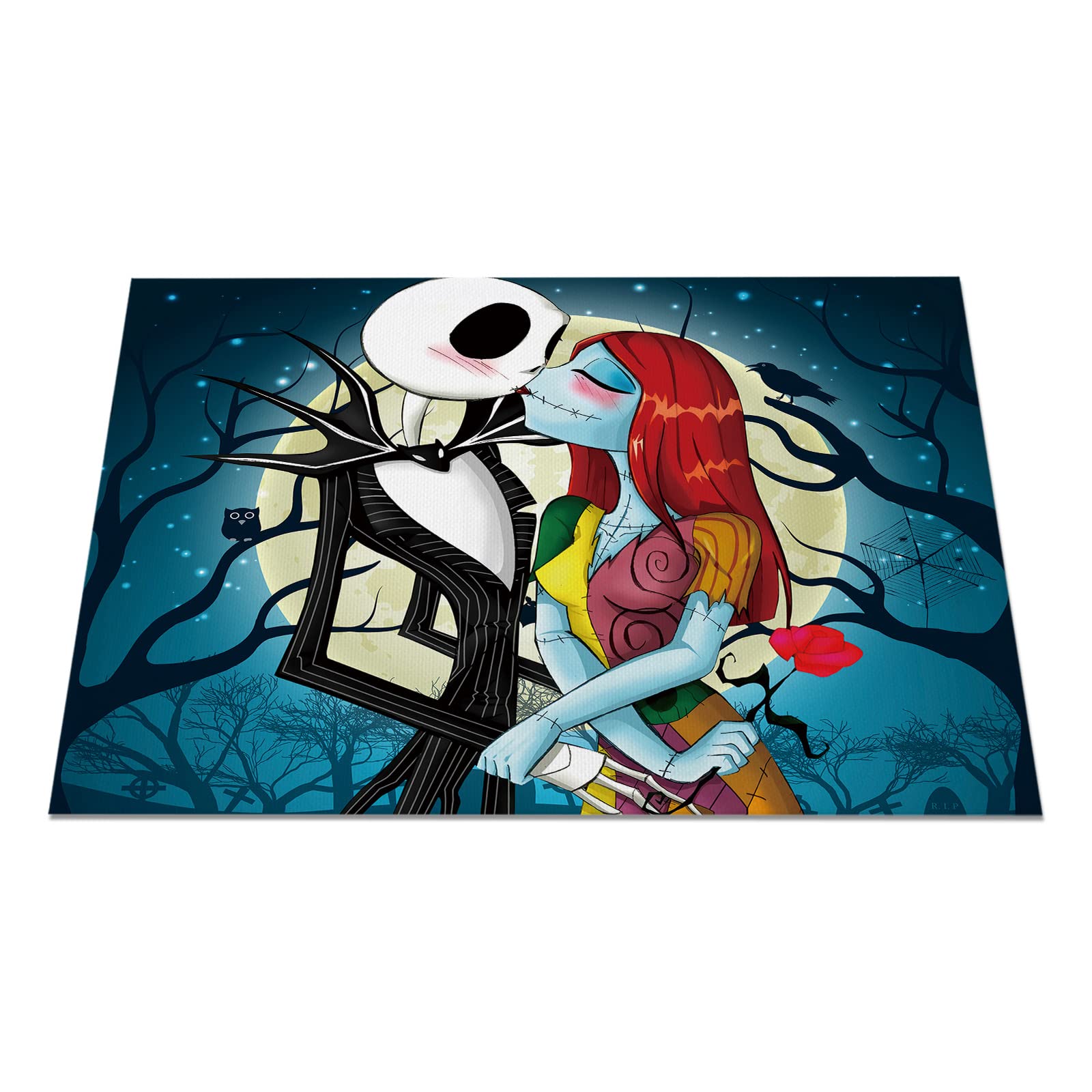 4Pcs Christmas Placemats Set - Skellington Jack and Sally Themed, Heat Resistant & Washable Table Mats for Kitchen Dining - Perfect for Holiday Decorations, Dinner Parties & Nightmare Before Christmas Fans
