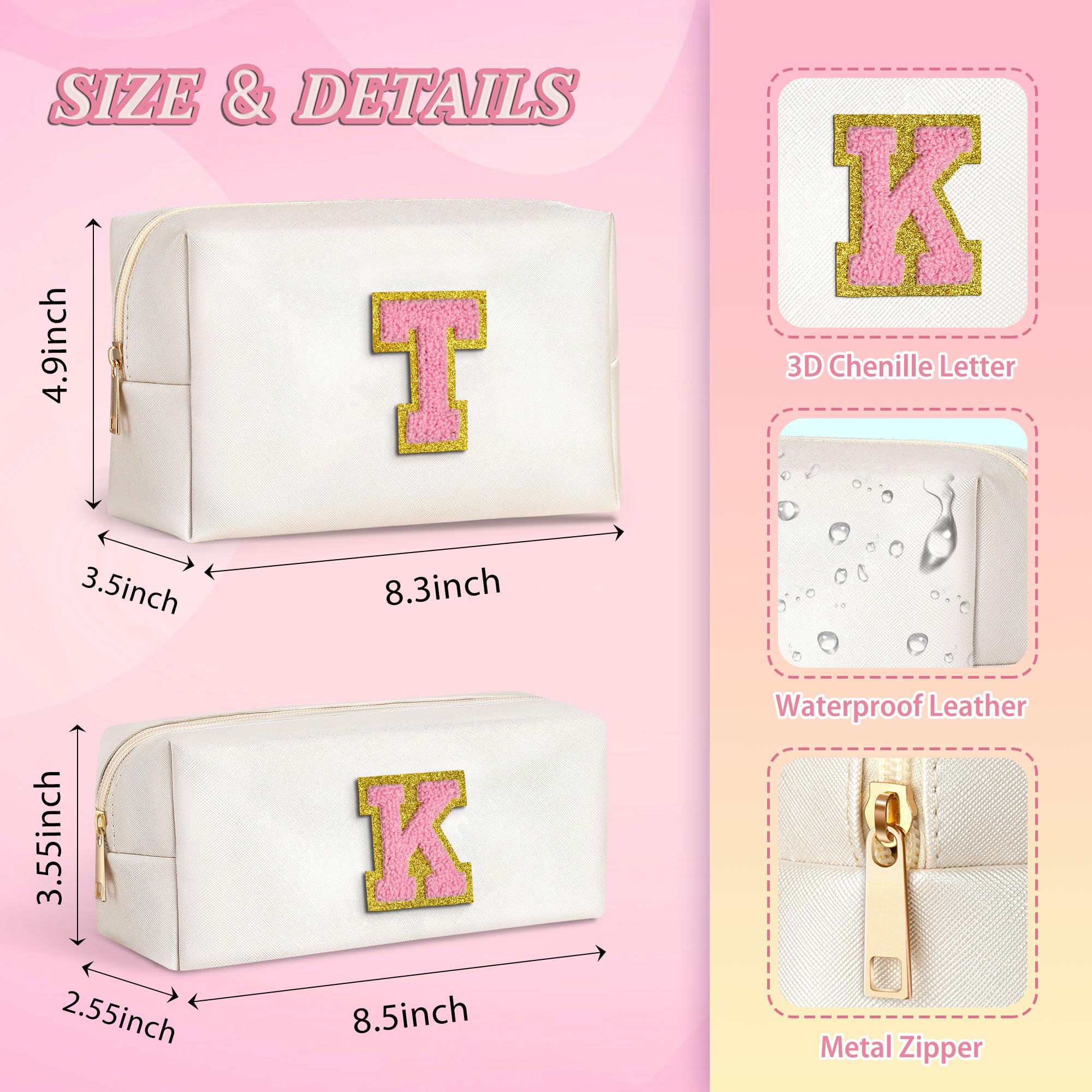 TOPEAST Personalized Travel Makeup Bag with Initials - PU Leather Waterproof Cosmetic Organizer Toiletry Bag with Chenille Letters - Perfect Gift for Women - Ideal for Travel, Gym & Daily Use (White A)