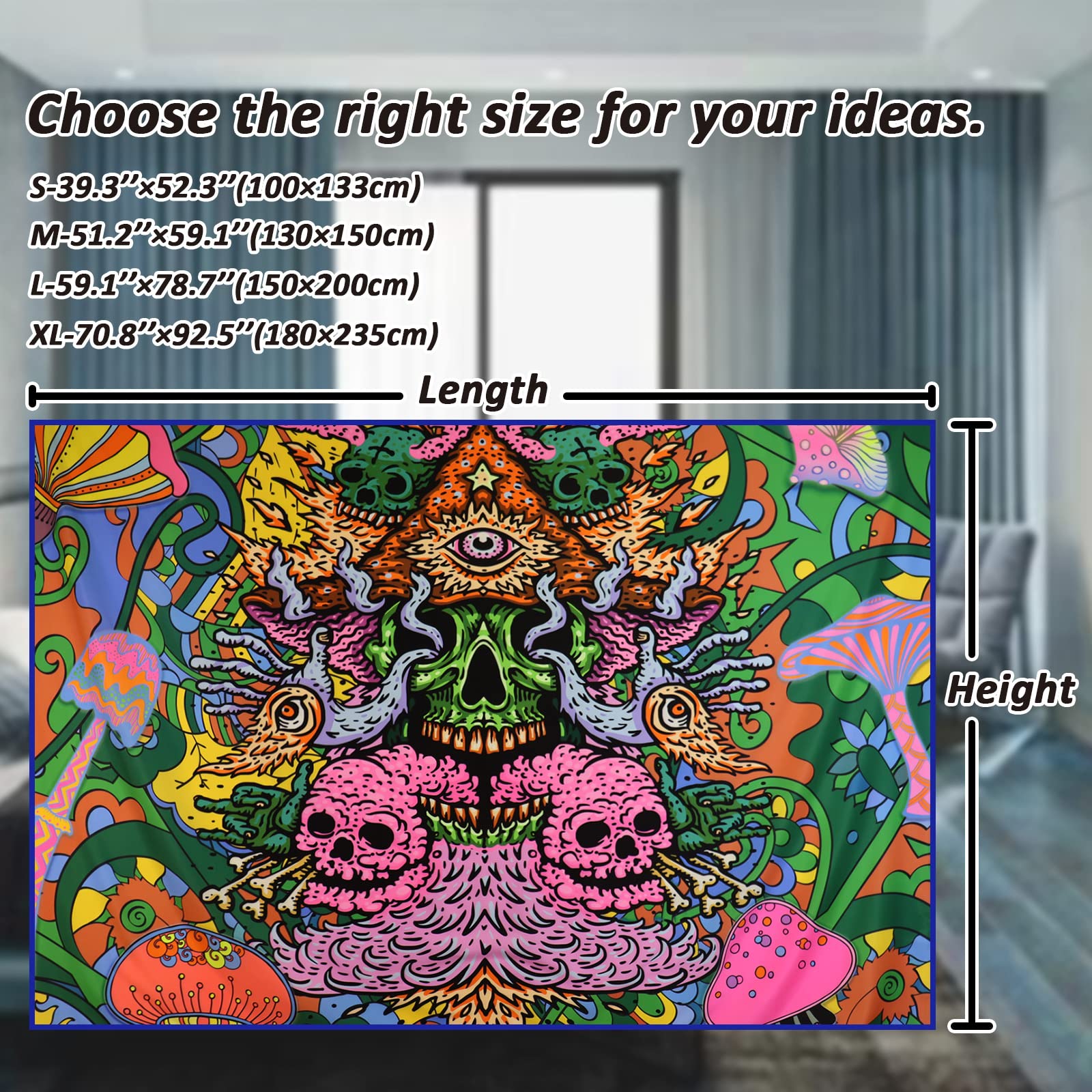 UV Reactive Blacklight Skull Tapestry - 51.2×59.1 Inch Hippie Aesthetic Wall Hanging for Bedroom Decor | Glow Under Black Light | Perfect for Parties, Dorm Rooms & Psychedelic Home Decor