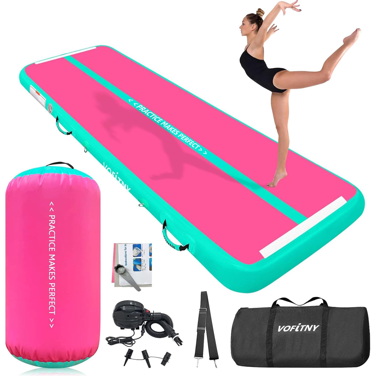 VOFiTNY Inflatable Gymnastics Air Mat - Foldable Tumbling Track with Air Pump & Octagon Barrel Mat for Home Gym, Kids Play & Indoor Training - Perfect for Cheerleading, Yoga & Fitness Exercises
