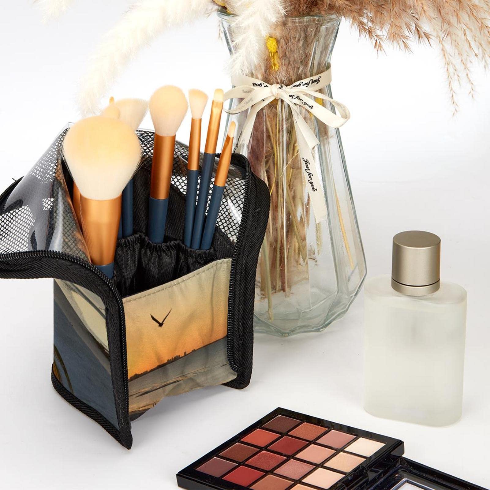 Premium 12-Piece Makeup Brush Organizer Bag with Beach Sunset Design - Portable Cosmetic Brush Holder Case for Travel, Home & Professional Makeup Artists