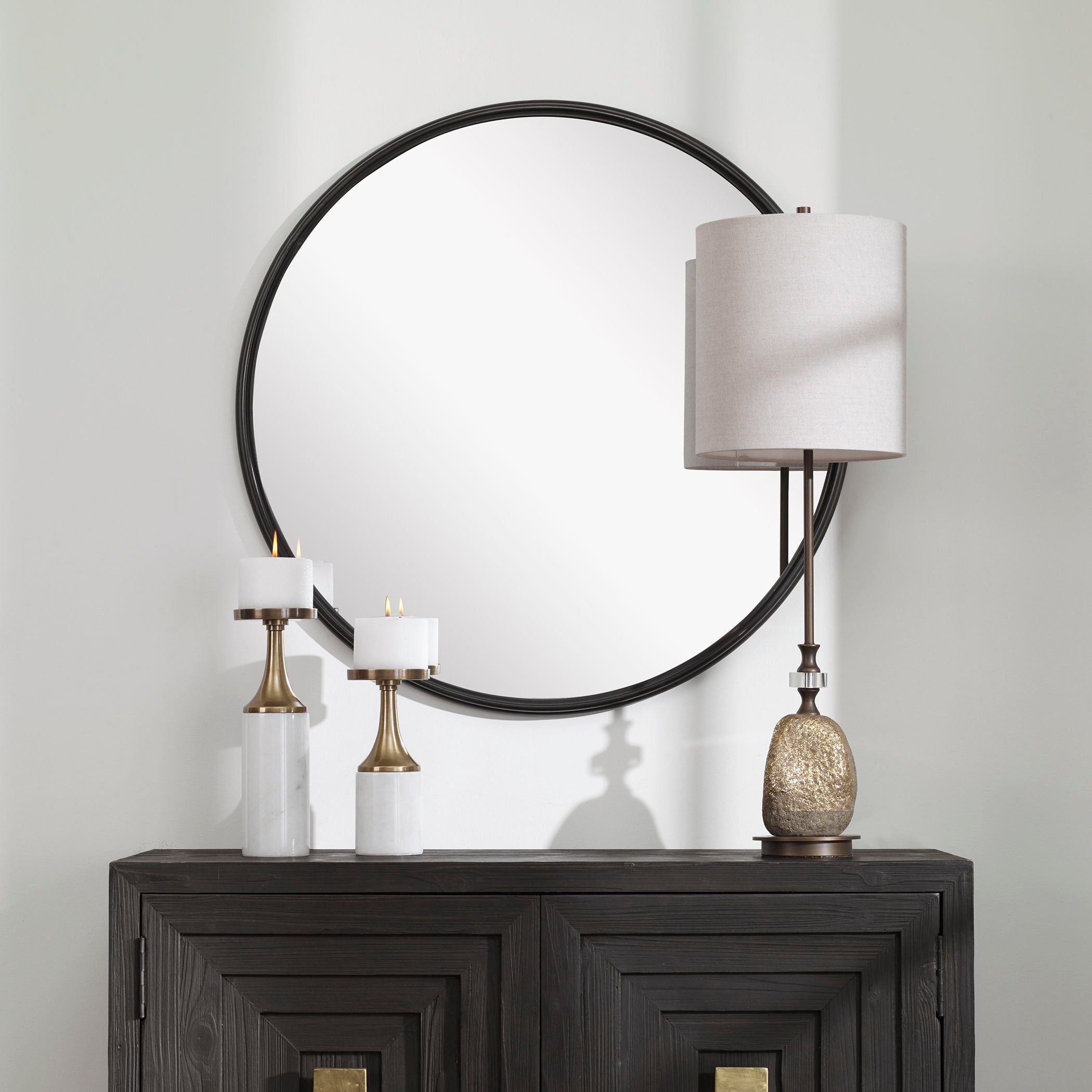 Belham Modern Round Iron Wall Mirror in Black - Perfect for Living Room, Bedroom, or Entryway Décor