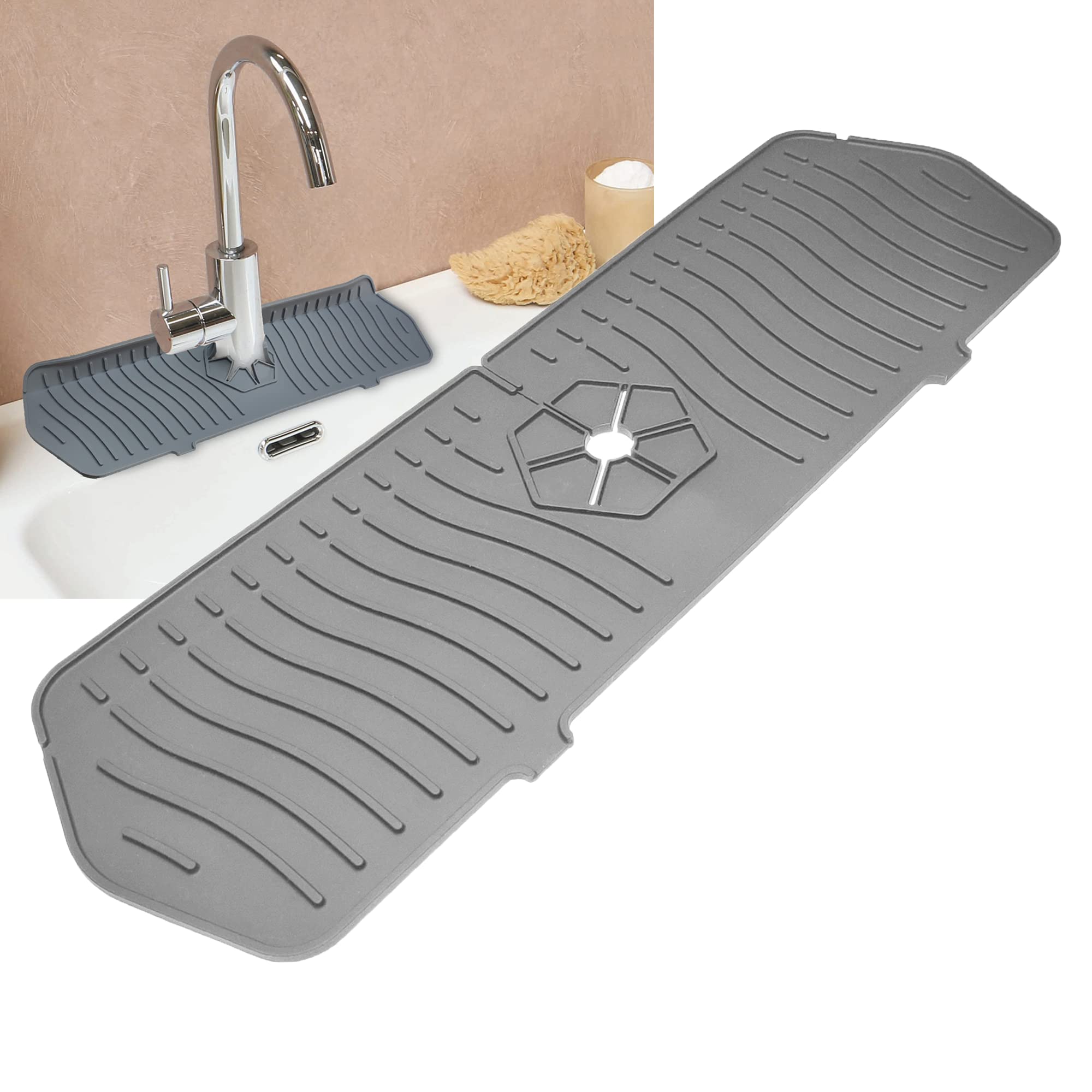 Premium Silicone Sink Splash Guard Set - 3-Piece Kitchen Sink Organizer with Faucet Drip Catcher, Soap Sponge Holder & Non-Slip Mat - Modern Grey Countertop Accessories for Dry, Clean Kitchen (Ideal for Washing Dishes, Food Prep & Keeping Counters Tidy)