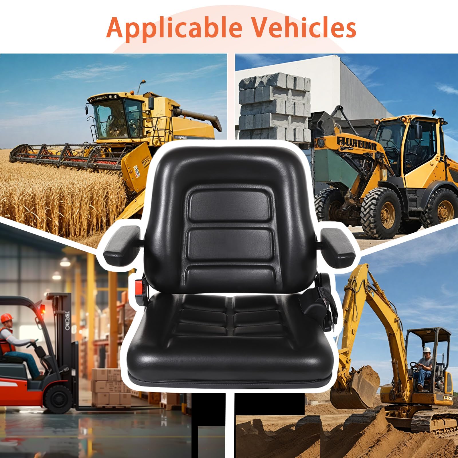 Universal Forklift Seat - Adjustable Folding Tractor Seat with Backrest & Armrest | Heavy-Duty Replacement Seat for Forklifts, Excavators, Skid Steers, Backhoes, Dozers & Telehandlers | Ideal for Construction, Agriculture & Industrial Equipment