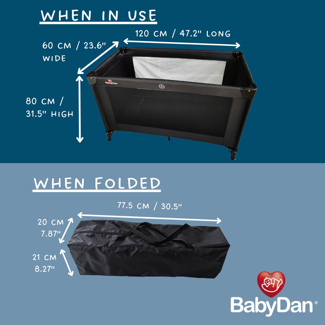 BabyDan Extra Large Travel Cot 60cm x 120cm - Portable Baby Bed for Travel & Home Use - Black