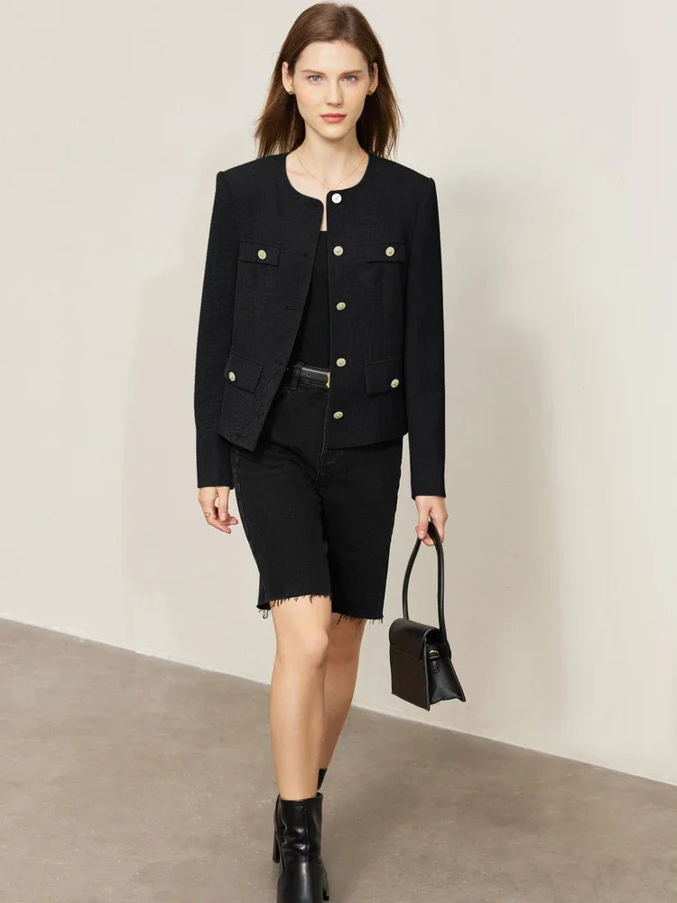 Stylish Minimalist Women's Jacket - Spring Lightweight Tuxedo Coat with Elegant Round Neck & Straight Shoulder | Perfect for Office Wear, Casual Outings & Spring Fashion