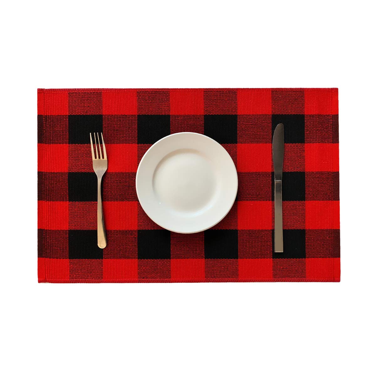 UKELER 6-Pack Buffalo Check Plaid Placemats - 100% Cotton Woven Washable Heat-Resistant Table Mats for Kitchen Dining (Red & Black) | Perfect for Holiday Dinners, Parties & Everyday Use
