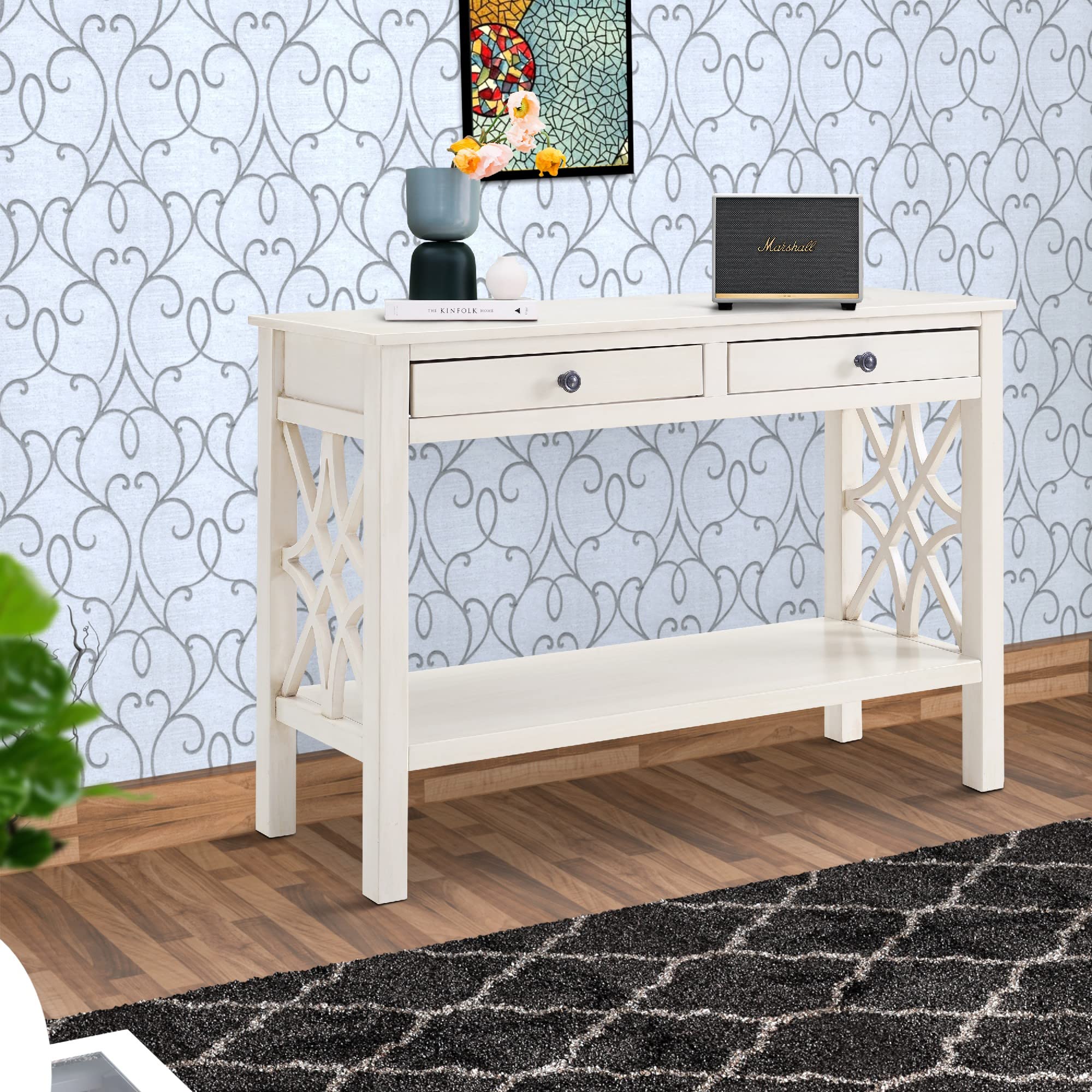 Benjara 2-Drawer Wooden Console Table with Geometric Side Panels - Antique White Finish Entryway Sofa Table for Hallway, Living Room & Bedroom Decor