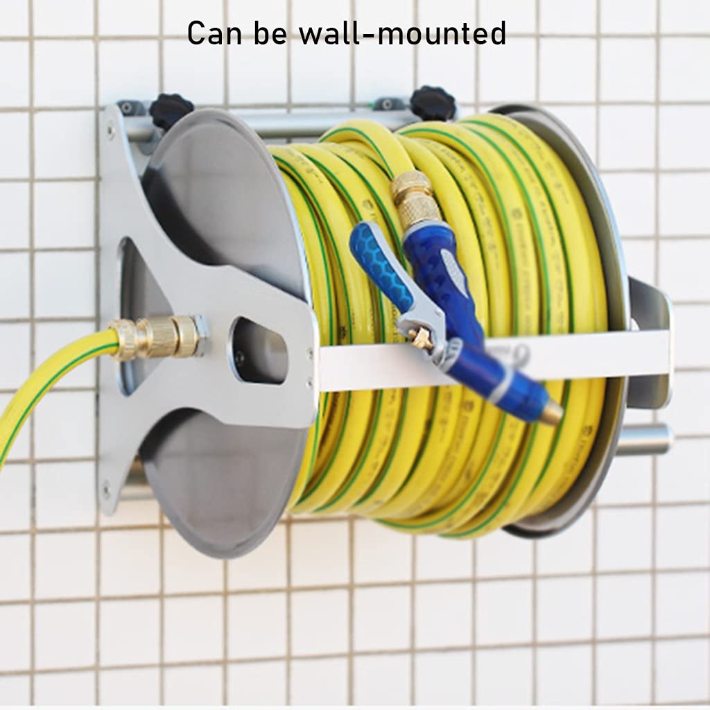 **Stainless Steel Garden Hose Reel Cart - Wall Mounted & Portable Water Pipe Storage Rack for Garden, Car Wash, and Outdoor Use (Silver, DN15 35m Yellow Pipe)**