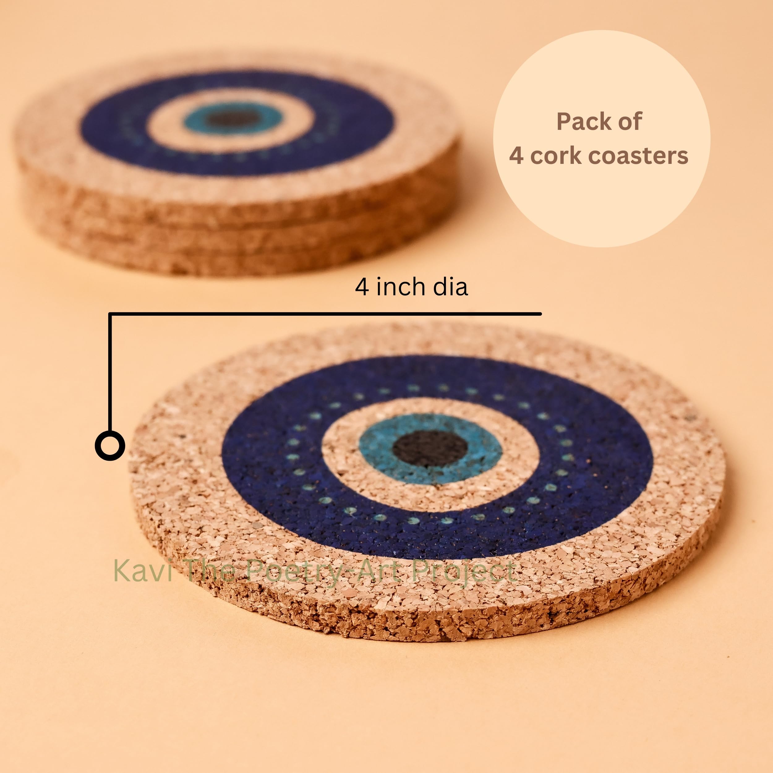 Evil Eye Cork Coasters Set of 4 - 5mm Thick Round Drink Coasters (4