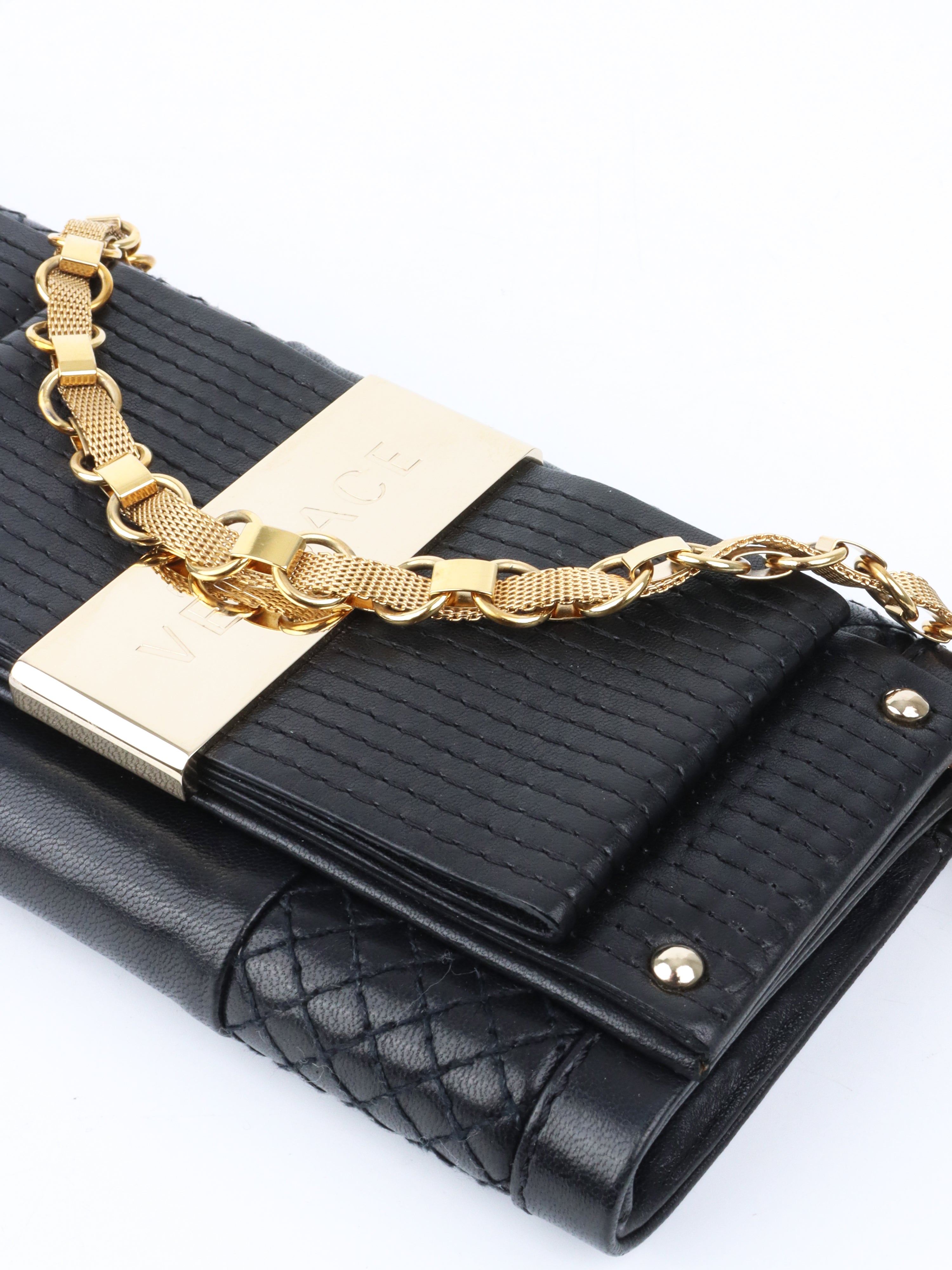 Versace Black Leather Slim Clutch Purse for Women - Elegant Evening Bag for Parties, Weddings & Special Occasions