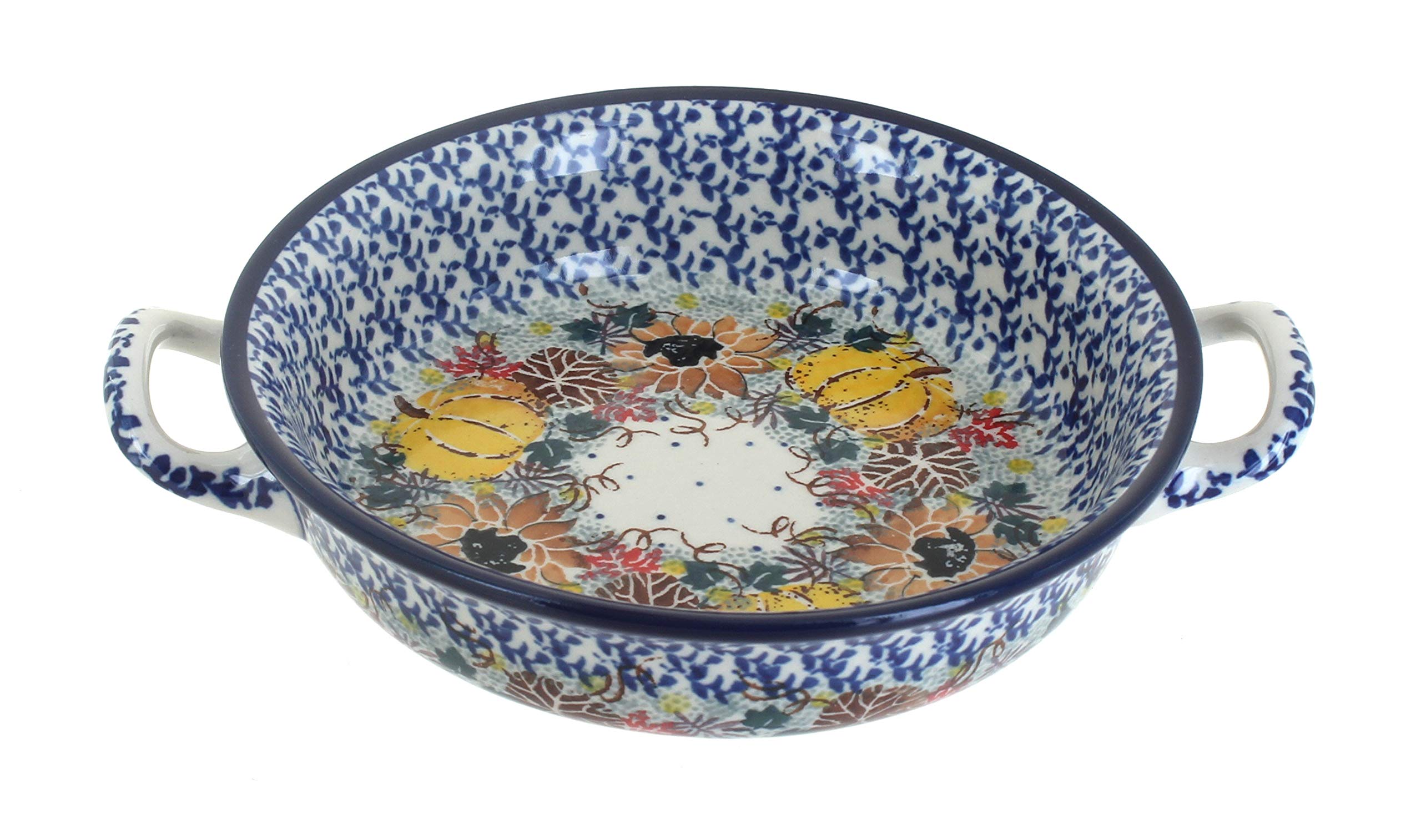 Handmade Blue Rose Polish Pottery Mini Casserole Dish with Handles - Harvest Bounty Design - Perfect for Baking, Serving & Holiday Decor
