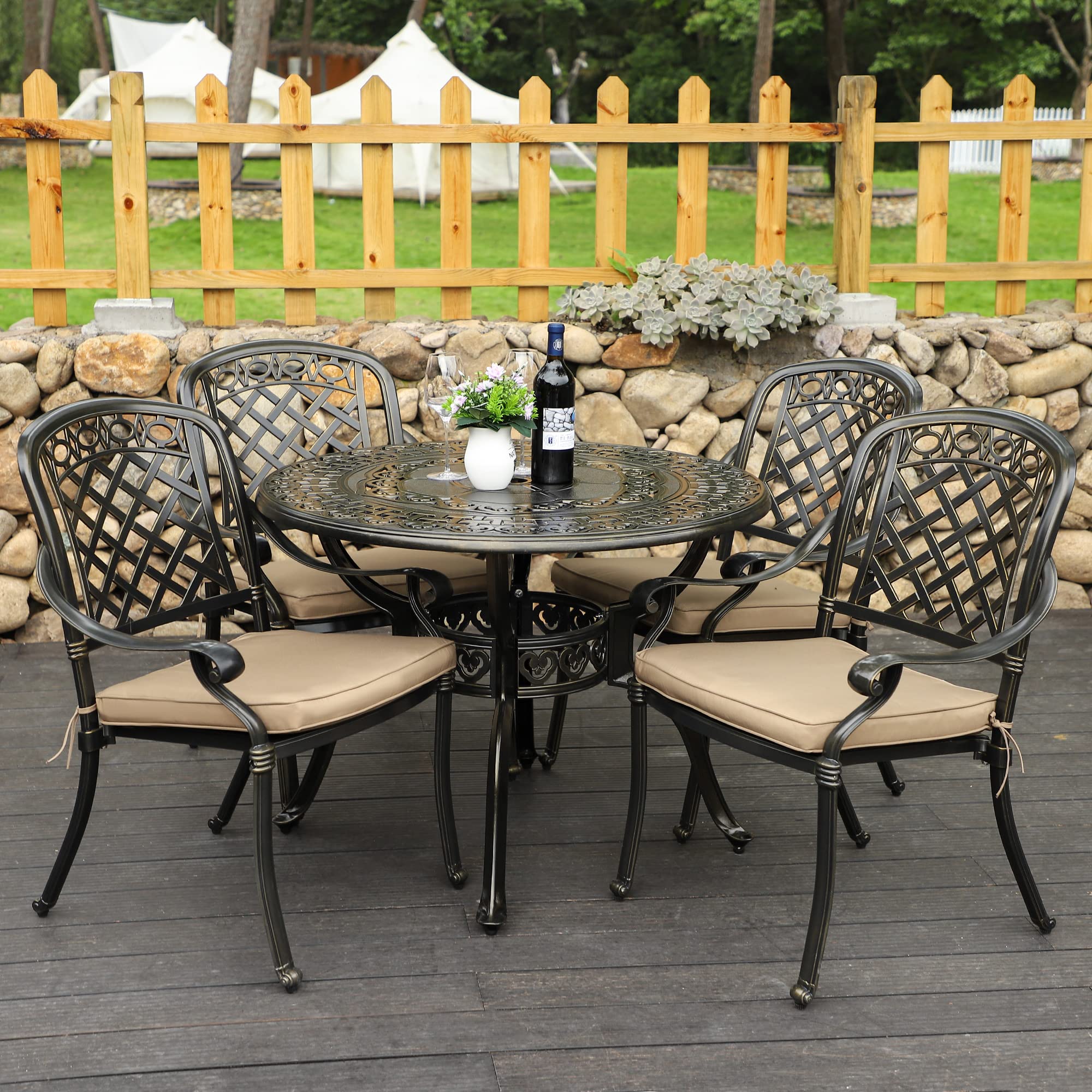 5-Piece All-Weather Cast Aluminum Outdoor Dining Set with 4 Chairs & Cushions - Patio, Garden, Backyard Furniture with 2.0