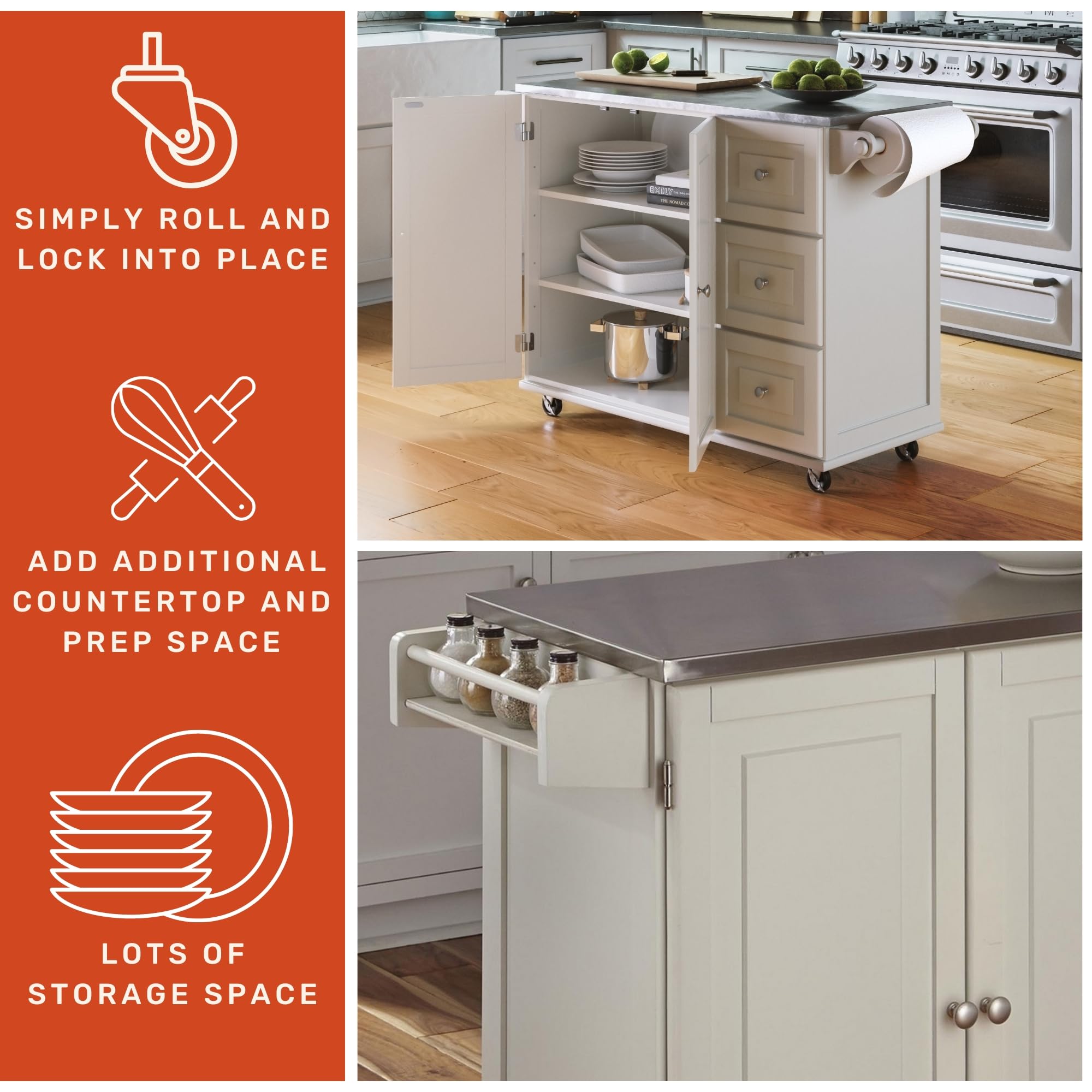 Homestyles Dolly Madison 54-Inch Rolling Kitchen Island with Storage & Towel Rack - Mobile Kitchen Cart for Small Spaces, Off White - Perfect for Apartments, Dorms & Compact Kitchens
