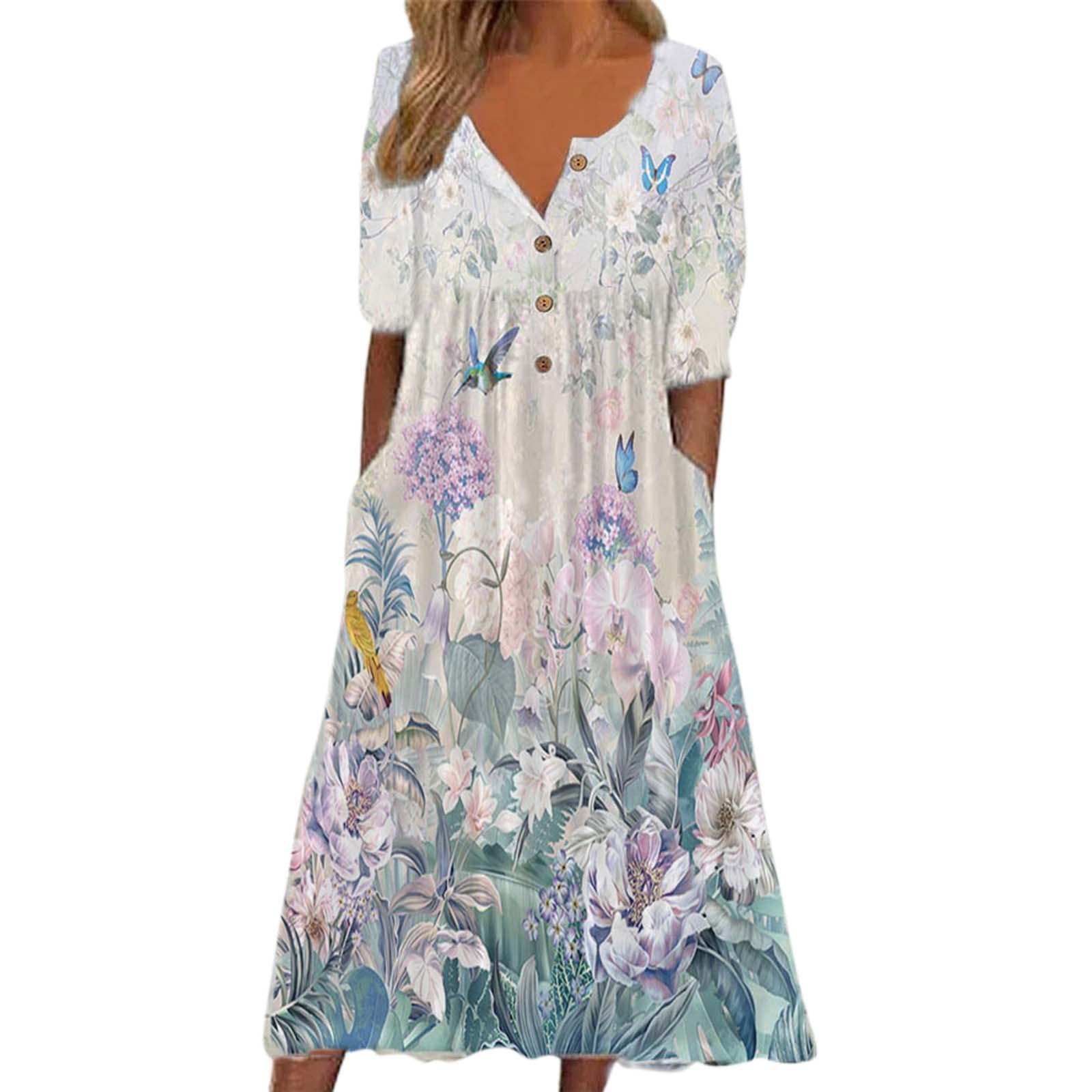 GQFDBS Women's Floral Print Summer Dress with Slit - Short Sleeve Casual Round Neck Dress for Beach, Vacation & Everyday Wear