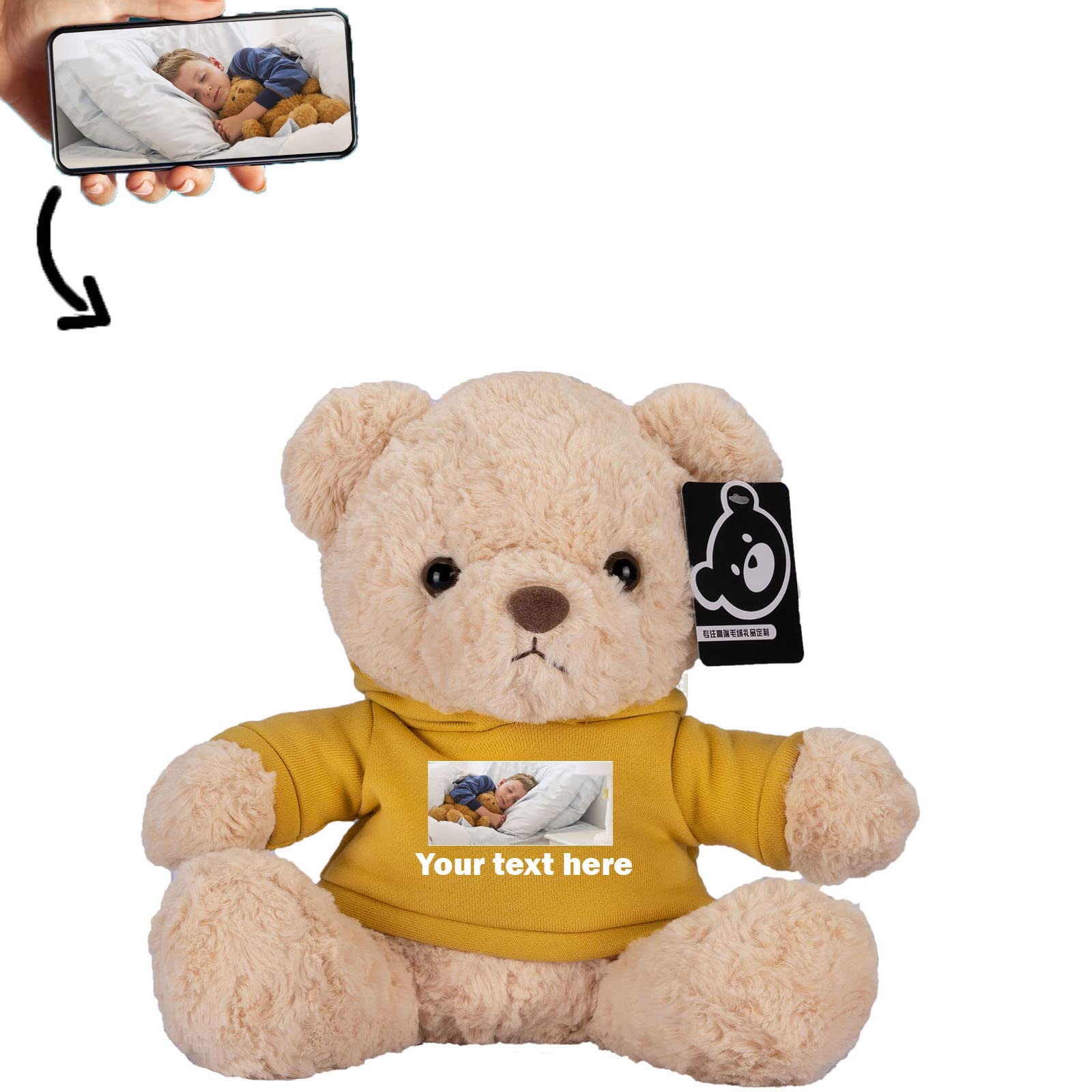 Custom Teddy Bear Plush Toy - Personalized Stuffed Animal with Text & Photo - Unique Gift for Valentine's Day, Birthday, Anniversary - 10 Inch Hoolie Yellow - Perfect for Couples, Kids, Baby Showers & Special Occasions