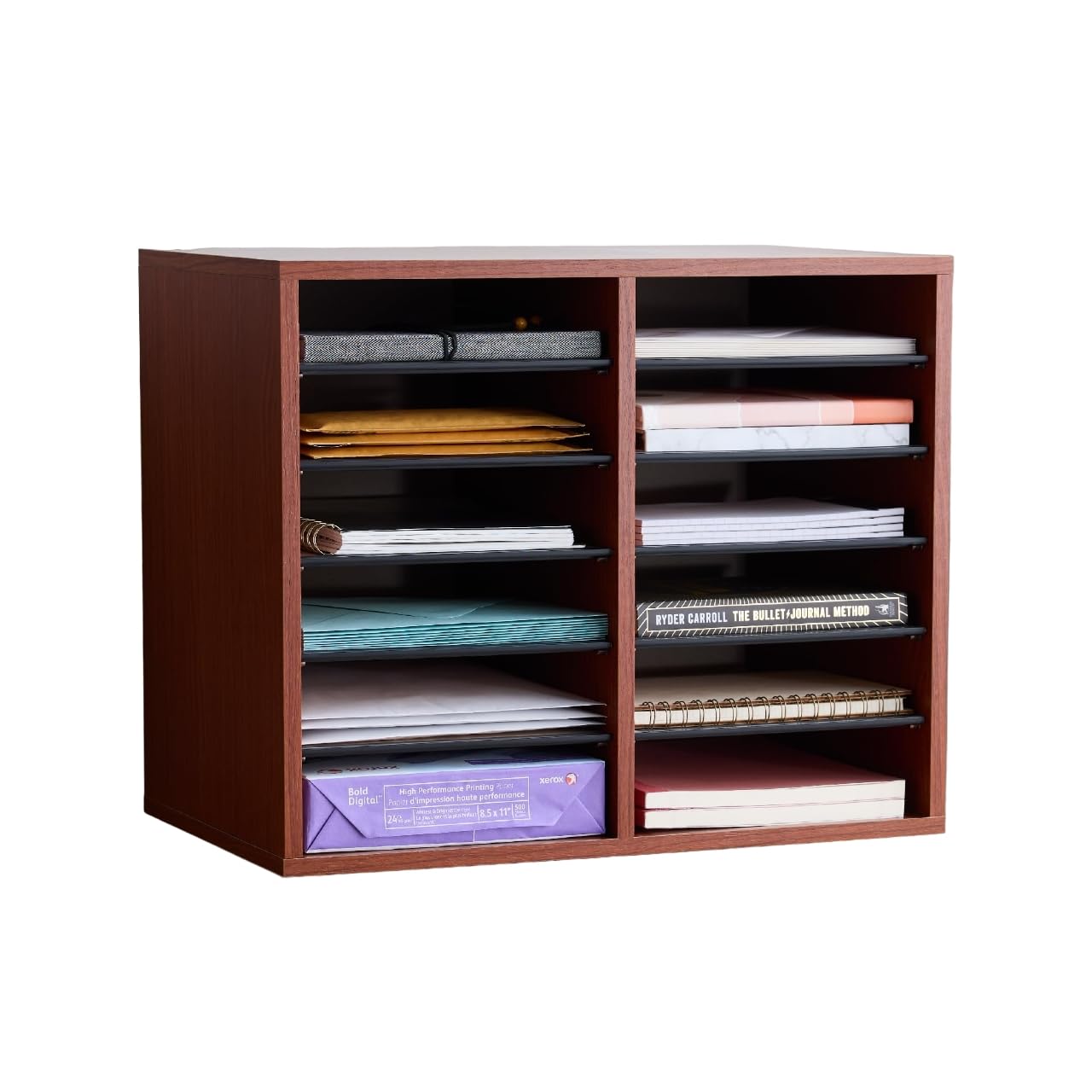 Safco 12-Compartment Literature Organizer - Adjustable Shelf Wood Mail Sorter for Office & Classroom - Cherry Finish - Perfect for Paper Storage, Document Sorting, and Mail Organization