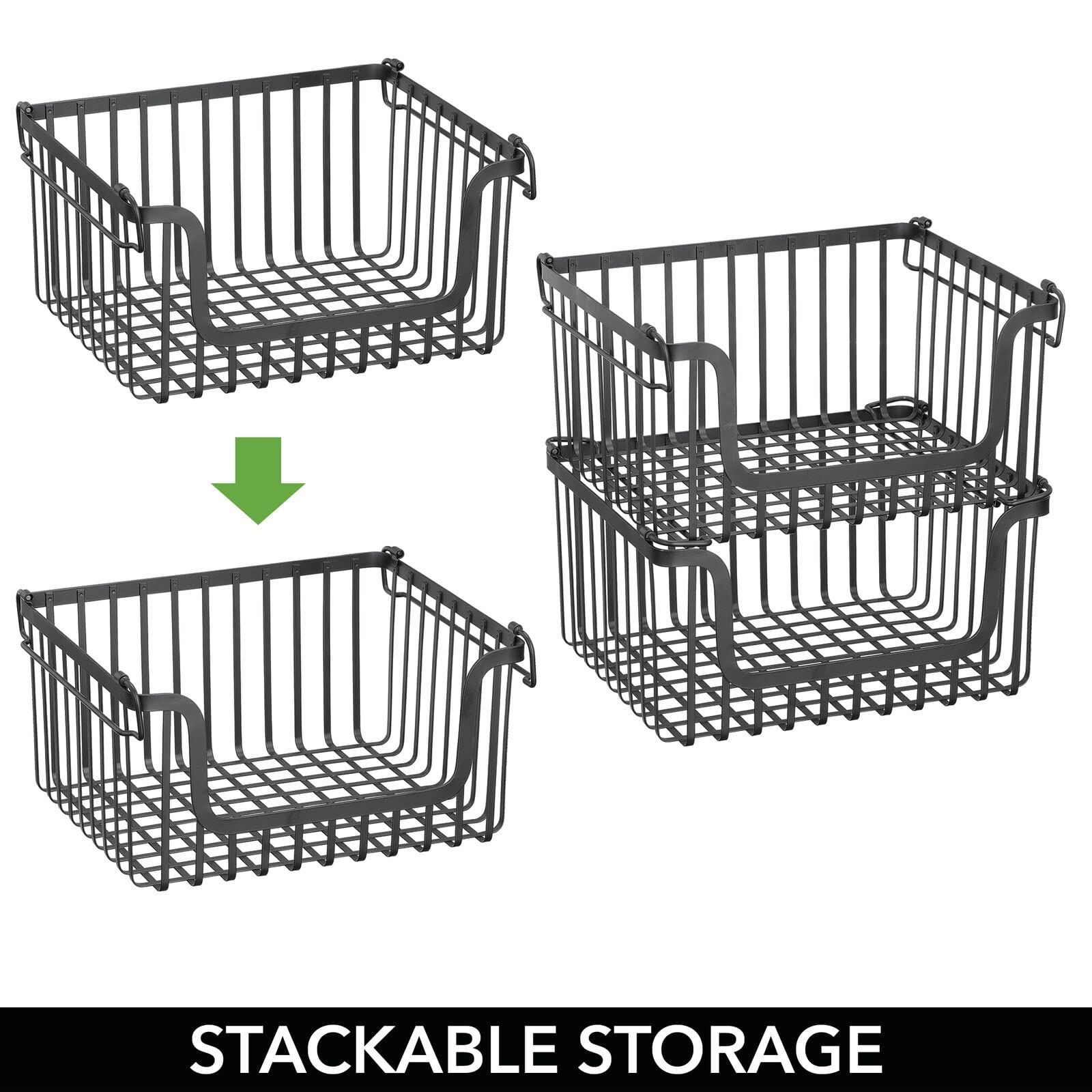 mDesign Large Stacking Wire Baskets - 2 Pack Matte Black Metal Storage Bins for Kitchen Cabinet & Pantry Organization | Perfect for Fruits, Vegetables, Snacks | Space-Saving Open Front Design | Carson Collection | Ideal for Home, Office, Dorm Room Storage Solutions