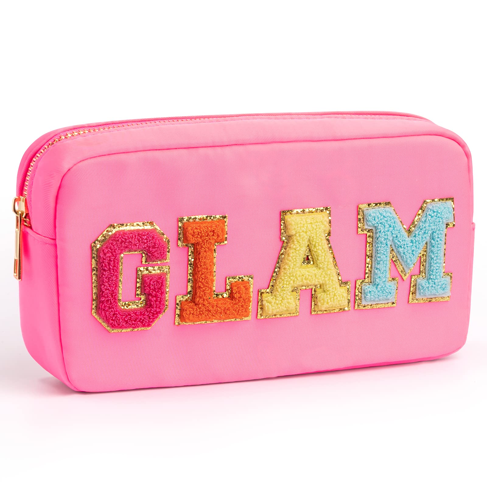 Sparkly Glitter Chenille Letter Makeup Bag - Small Preppy Cosmetic Pouch with Zipper for Women & Girls | Perfect for Travel, Gym, and Everyday Glam Essentials