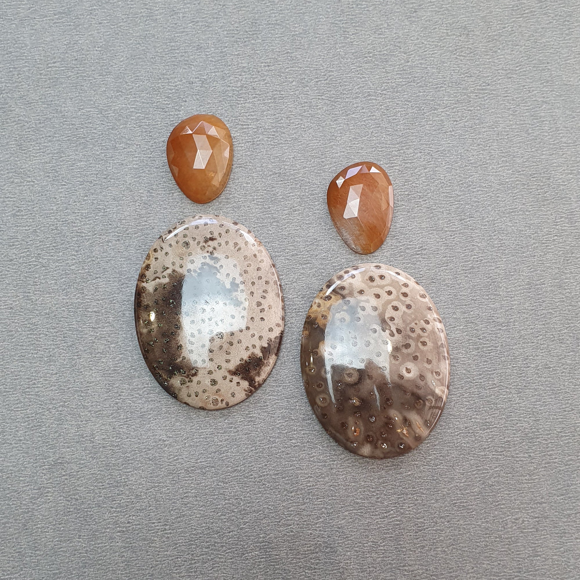 Natural Untreated Botswana Agate Sunstone & Peach Moonstone Gemstone Rose Cut Cabochon - Bi-Color Agate Egg Oval Shape 4pc Set for Jewelry Making, Wire Wrapping & Crystal Healing