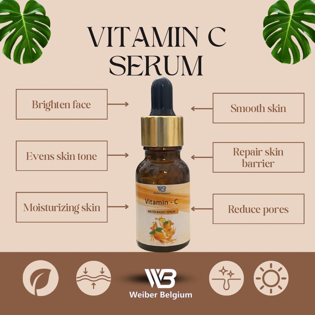 Weiber Belgium Vitamin C Face Serum - Brightening & Glow Booster for Dark Spots & Dull Skin, 15ml | Perfect for Morning Skincare Routine & Anti-Aging Treatment