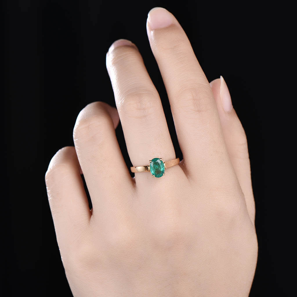 Solitaire Natural Oval Cut Emerald Engagement Ring - 14K Gold Wedding Band for Women, Vintage Inspired Bridal Jewelry - Perfect for Proposals, Anniversaries & Special Occasions
