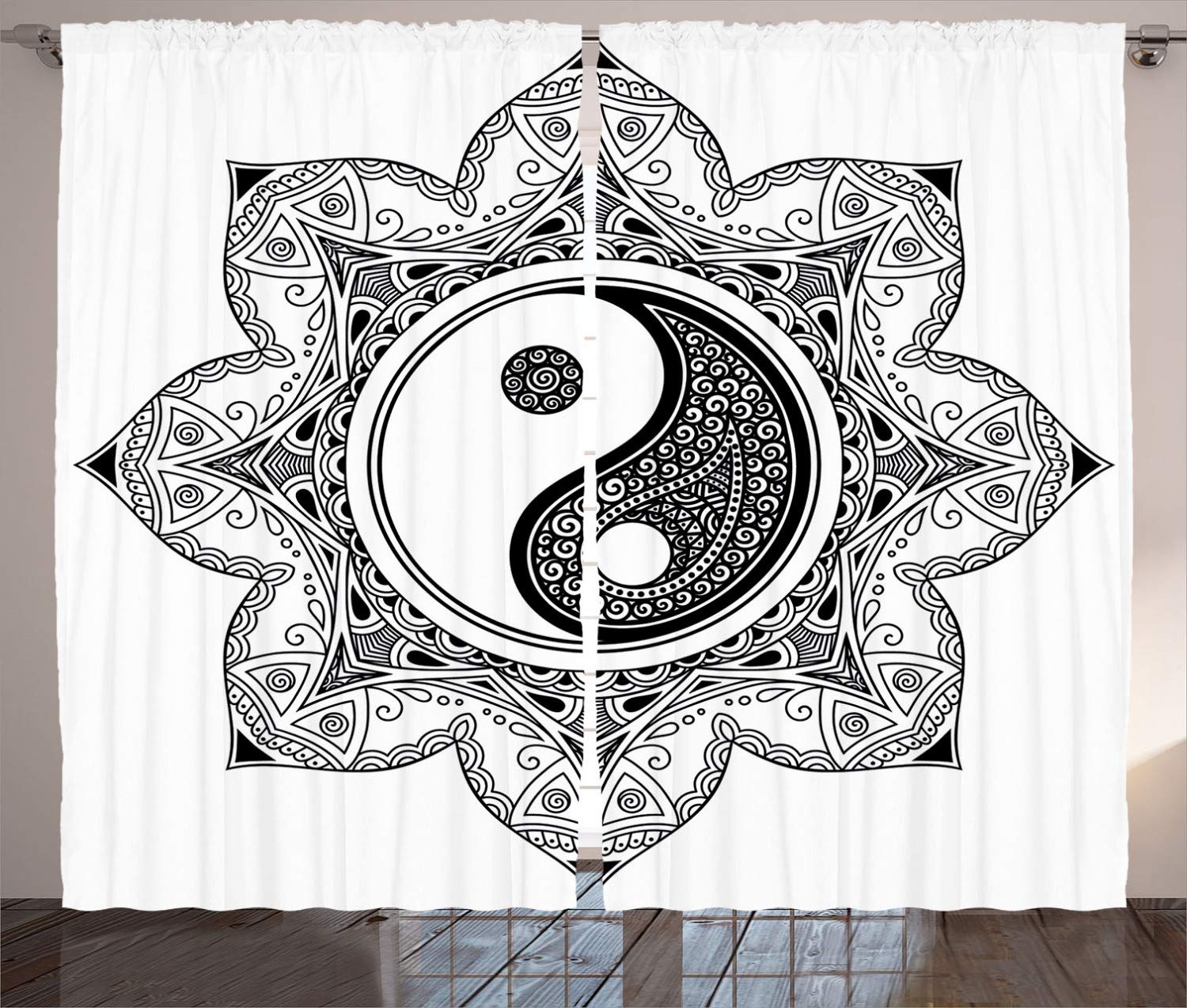 Ambesonne Yin Yang Curtains - Black and White Mandala Pattern Window Drapes for Living Room & Bedroom, 2 Panel Set (108