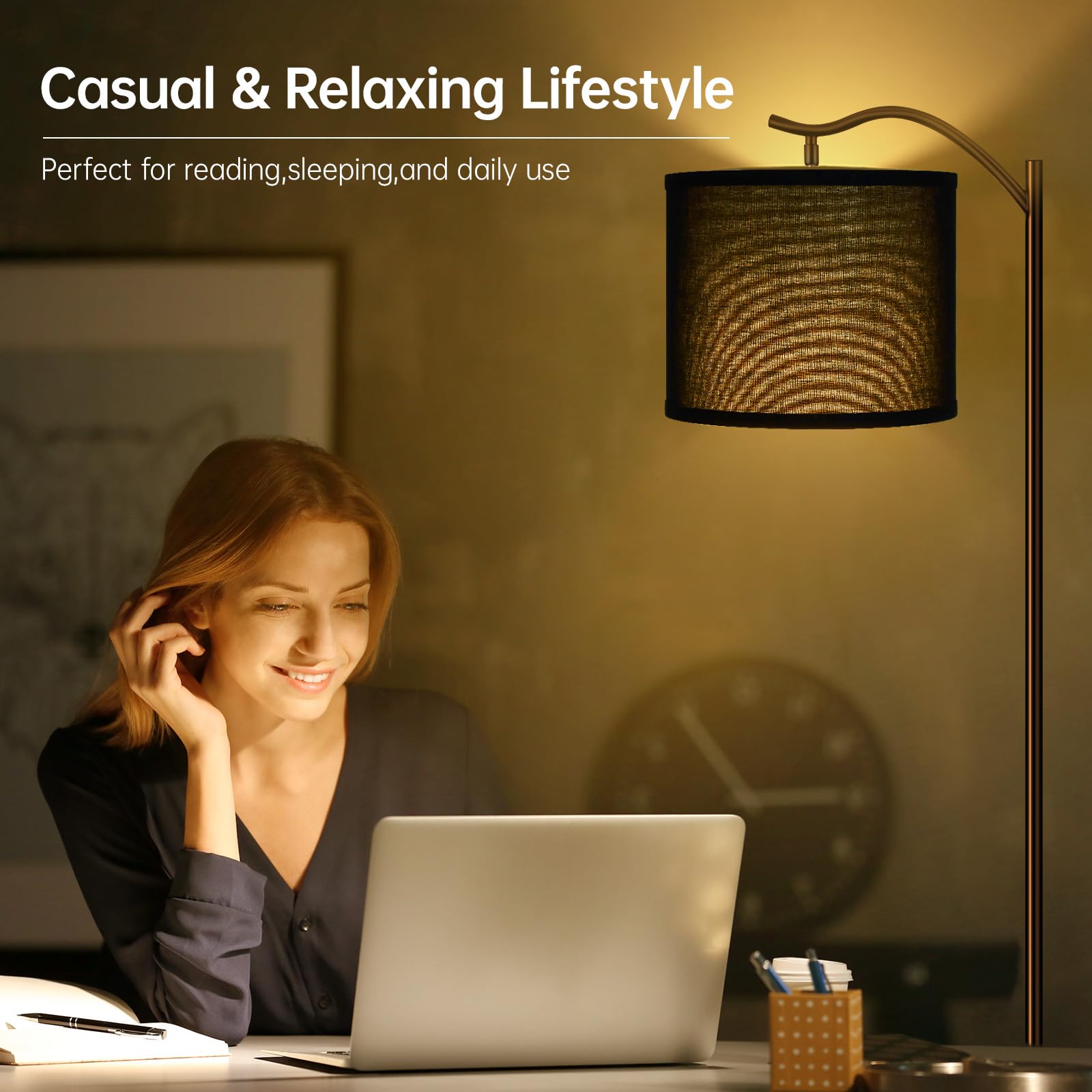 Modern LED Arched Floor Lamp with Black Linen Shade - Tall Standing Lamp for Living Room, Bedroom, Office & Corner - E26 Socket & Footswitch - Mid Century Design for Home Decor & Reading Nook
