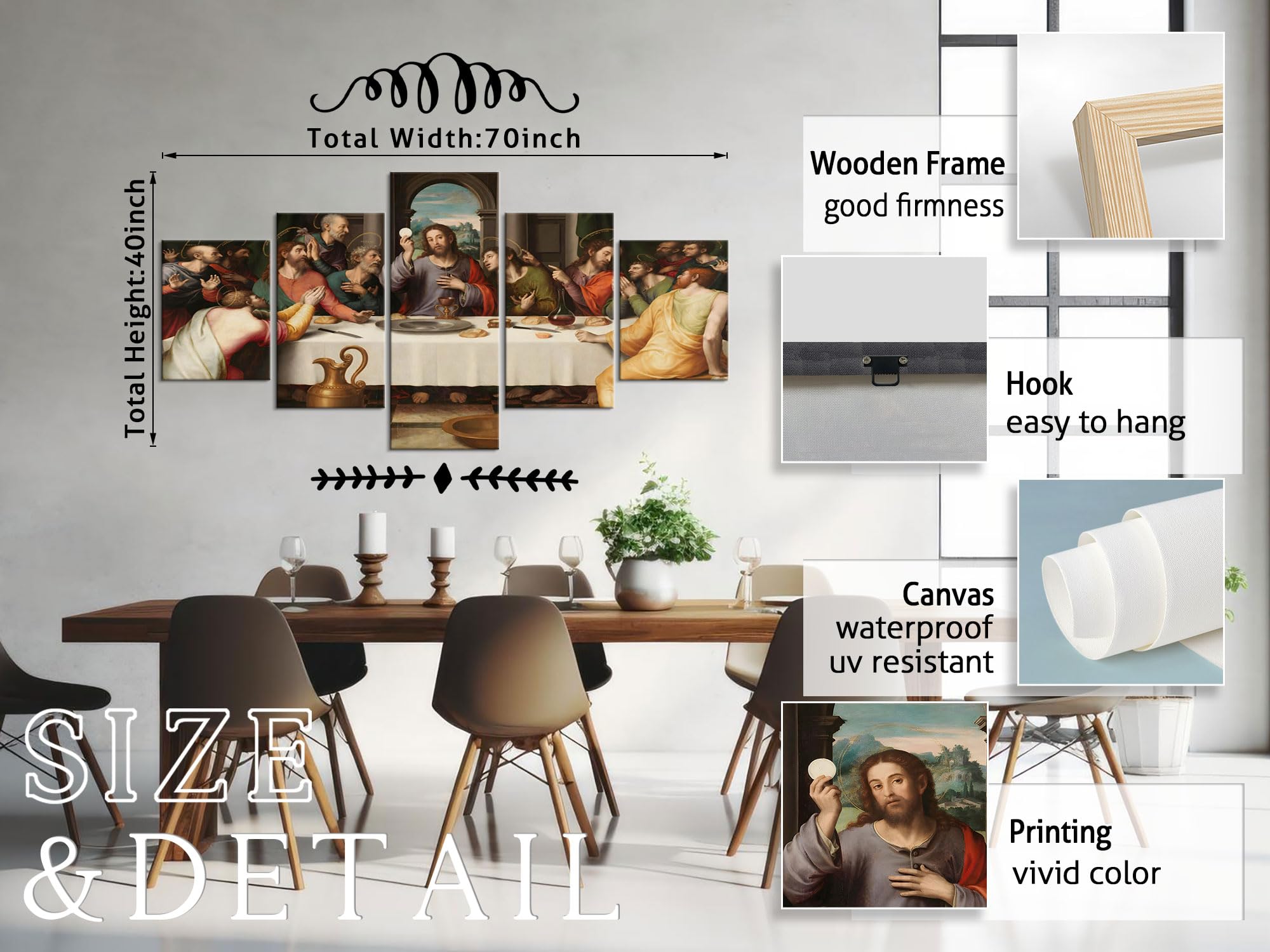YOUHONG 5 Piece Jesus Canvas Wall Art - Modern Classic Last Supper Oil Painting Reproduction by Da Vinci - Ready to Hang Home & Office Decor (70''W x 40''H) - Perfect for Living Room, Church, or Gallery Display