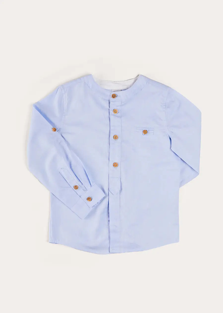 Blue Plain Mao Collar Long Sleeve Shirt for Kids (4-10 Years) - Perfect for School Uniforms, Family Photos & Special Occasions