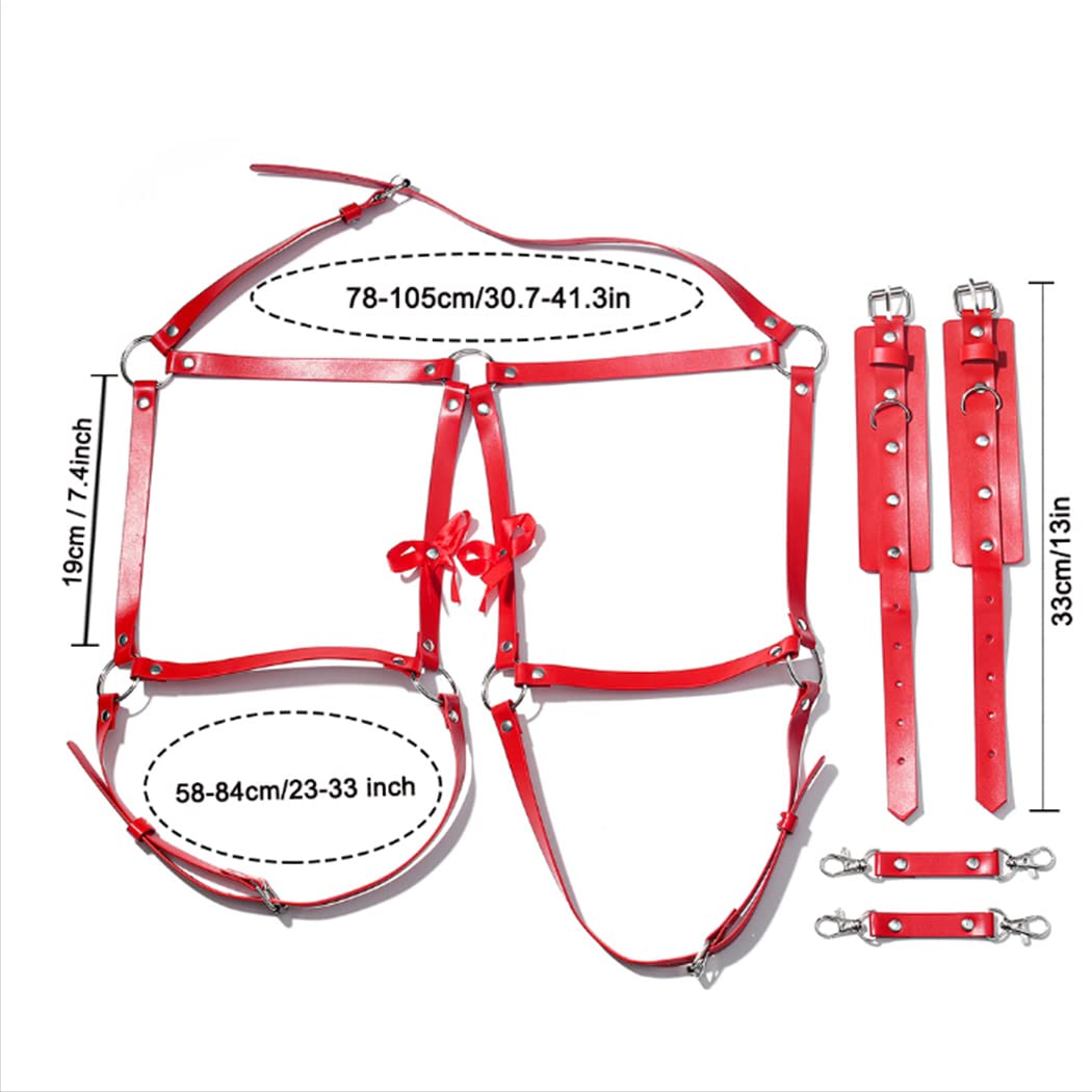 Punk Leather Body Chain for Women - Sexy Body Harness Belt with Leg Chain - Gothic Rave Party & Nightclub Jewelry - Perfect for Halloween, Bachelorette Parties & Festivals (Red)