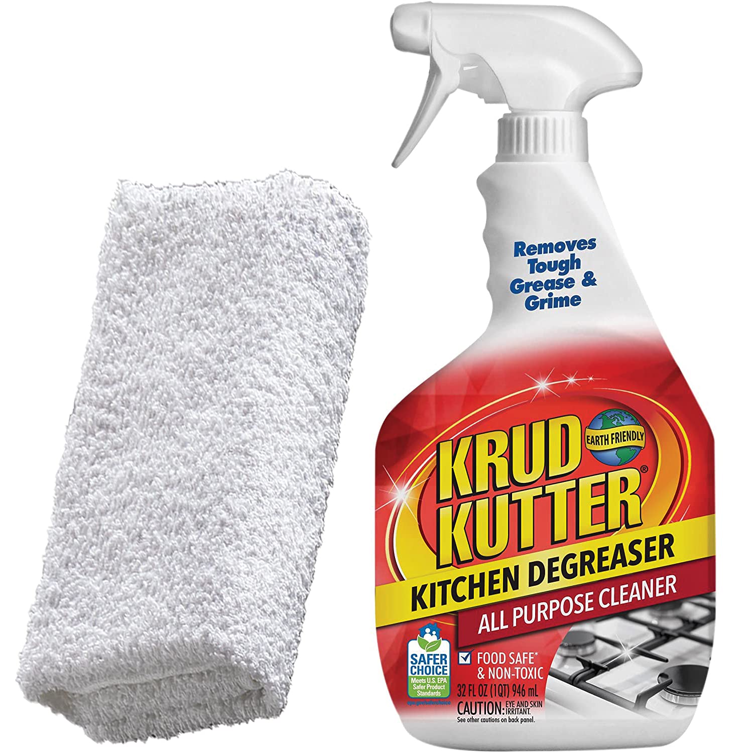 Krud Kutter All-Purpose Cleaner Spray & Daley Mint Microfiber Cloth - Heavy Duty Kitchen Degreaser for Stoves, Countertops, Cabinets, Sinks - 32oz Home Cleaning Kit for Tough Grease & Grime Removal (Perfect for Daily Kitchen Maintenance & Deep Cleaning)
