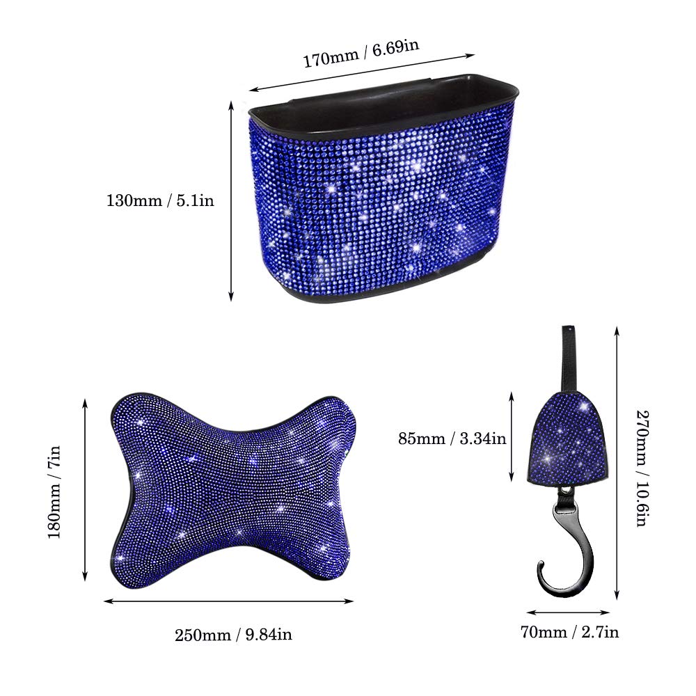 Sparkly Blue Car Accessories Set - 5-Piece Bling Car Decor Kit with Universal Headrest Neck Pillows, Glitter Garbage Can & Seat Back Hanger Hook | Perfect for Women's Car Interior Decoration & Road Trips
