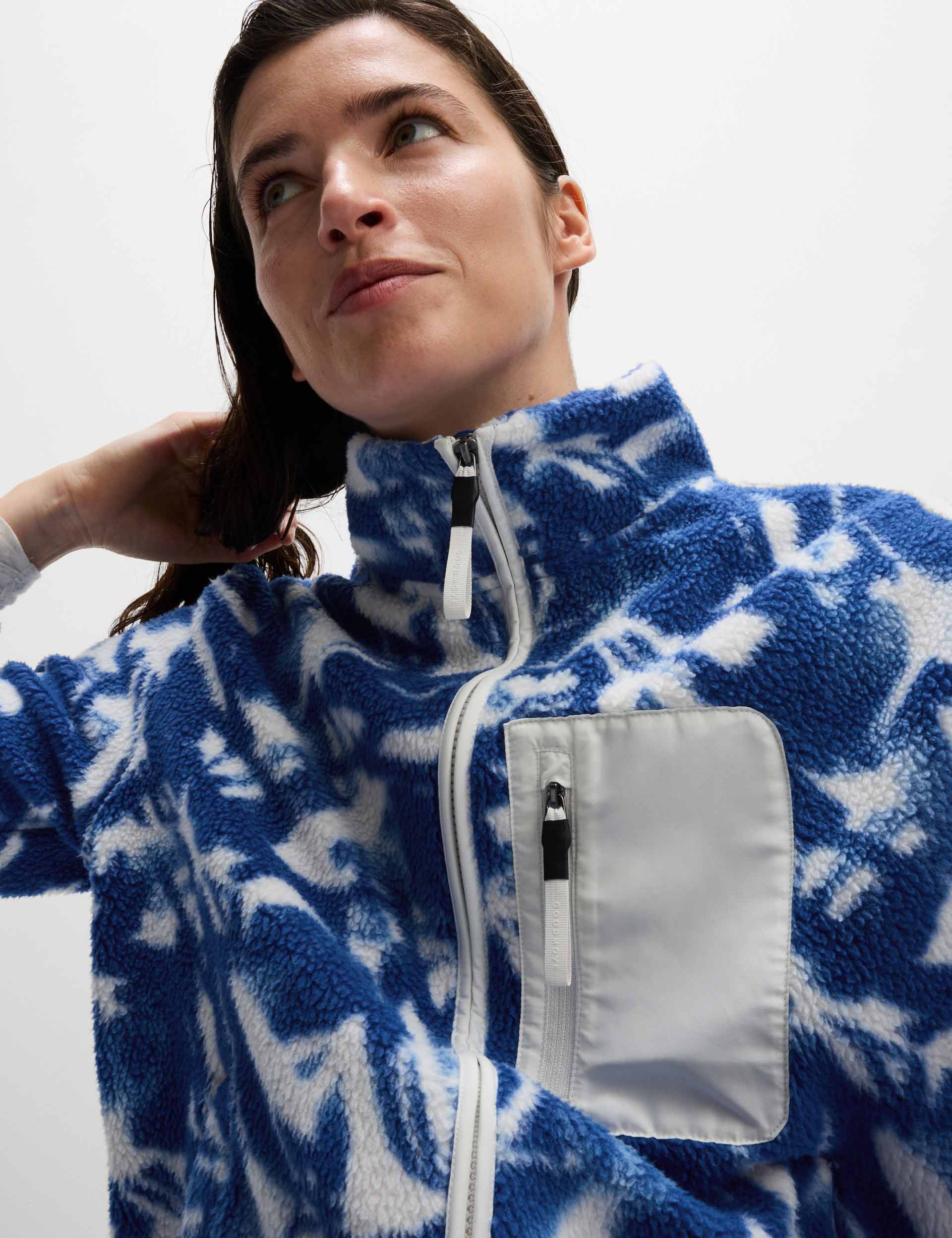 Borg Printed Funnel Neck Zip Up Fleece Jacket - Blue/White - Warm Winter Outerwear for Men & Women - Perfect for Hiking, Camping & Outdoor Activities
