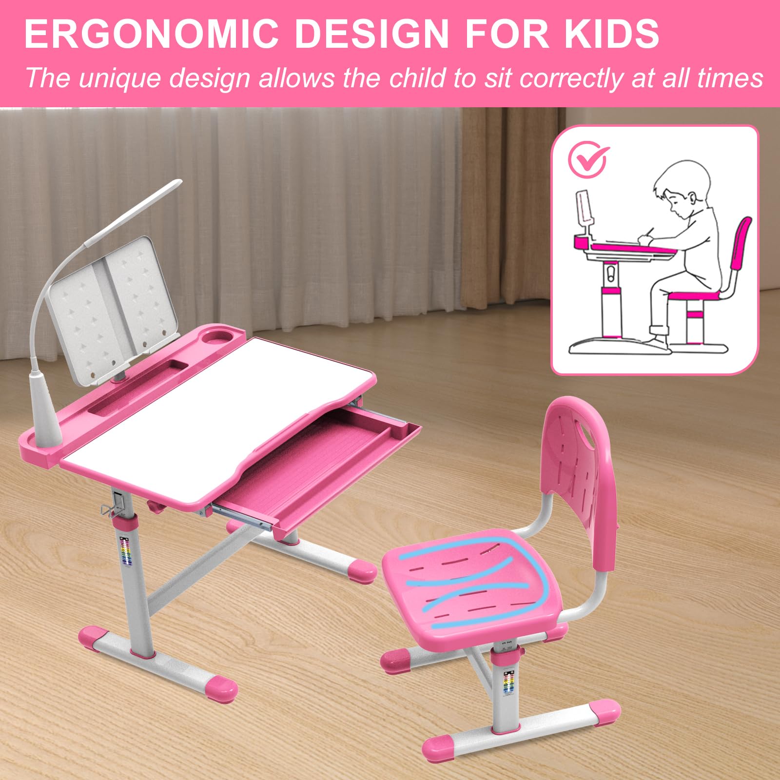 BELANITAS Kids Study Desk and Chair Set - Adjustable 40° Tilt Desktop with LED Light, Ergonomic Children's Writing Table for Ages 5-8 (Pink) - Perfect for Homeschooling, Online Learning & Birthday Gifts